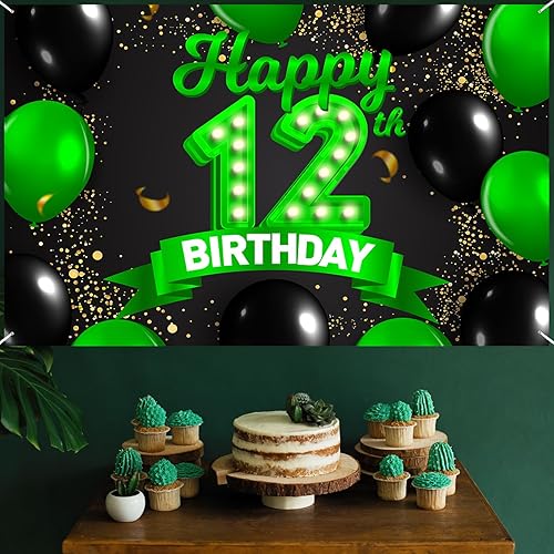 Miniatura 7 de Cartel de feliz cumpleaños número 12, color verde y negro, telón de fondo con texto en inglés "Cheers to 12 years old confeti", globos de confeti,