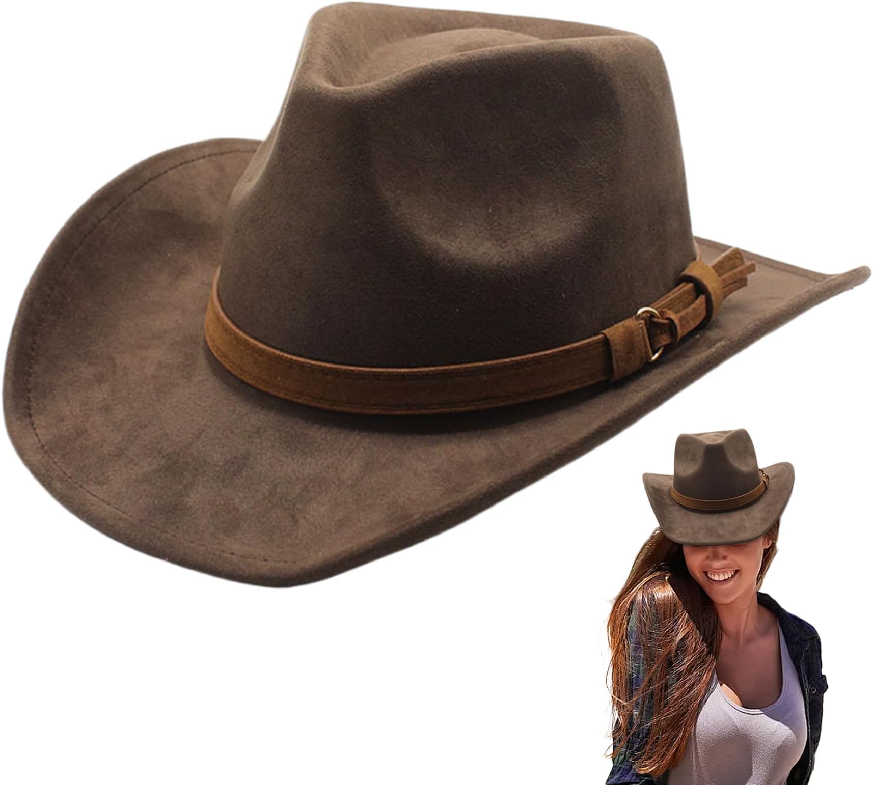 Jeorywoet Cowboy Hat, Wide Brim Western Hat, Brown Cowboy Hat with Belt Buckle, Cowgirl Outback Hat, Suede Cowgirl Hat for Men Women Dress Up Party