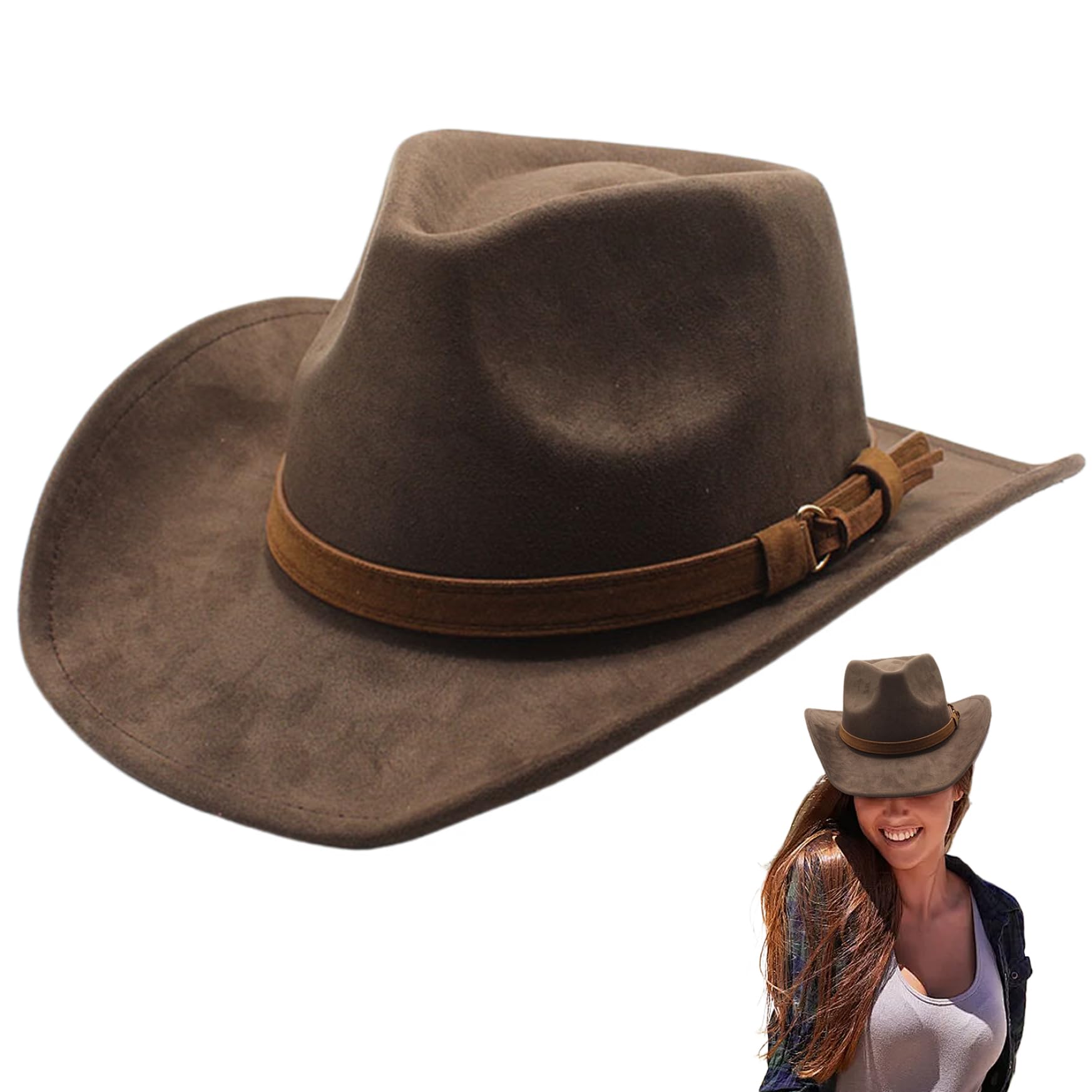 Jeorywoet Cowboy Hat, Wide Brim Western Hat, Brown Cowboy Hat with Belt Buckle, Cowgirl Outback Hat, Suede Cowgirl Hat for Men Women Dress Up Party