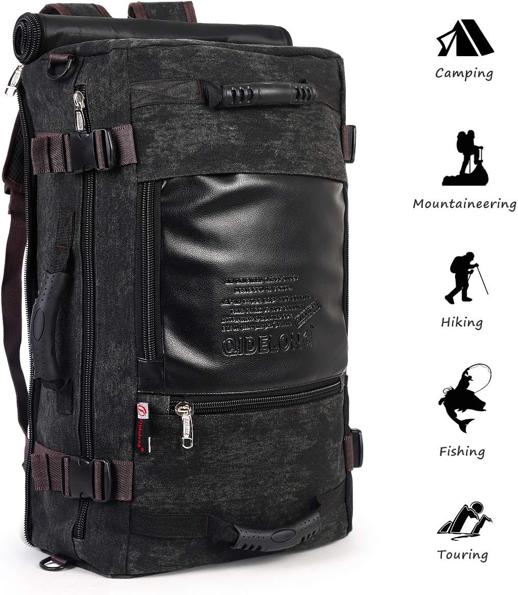 Travel Backpack,Large Weekender Waterproof Canvas Hiking Backpack Convertible Duffel Bag for Men,Black