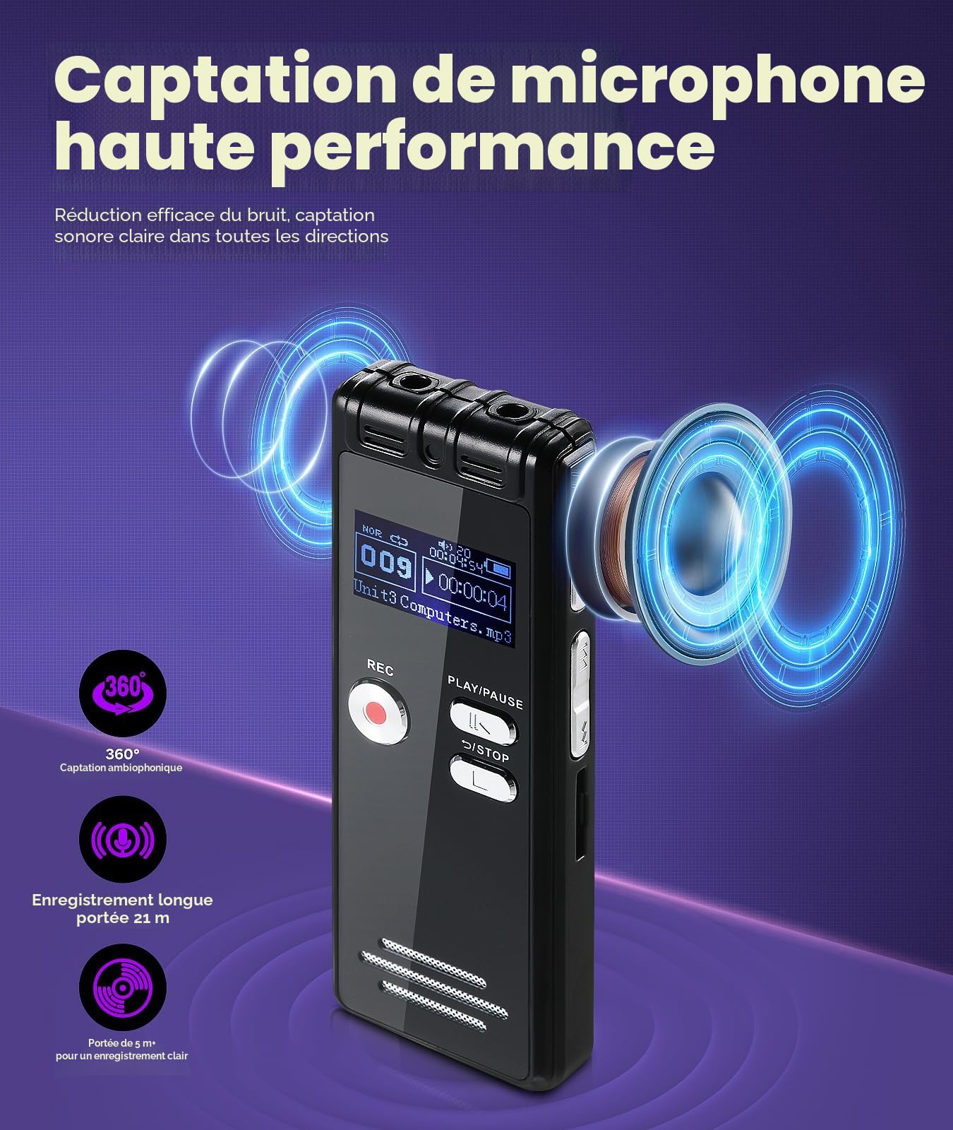 Enregistreur Vocal 64 Go 1536 Kbps avec Réduction du Bruit pour Interviews Classes Réunions
