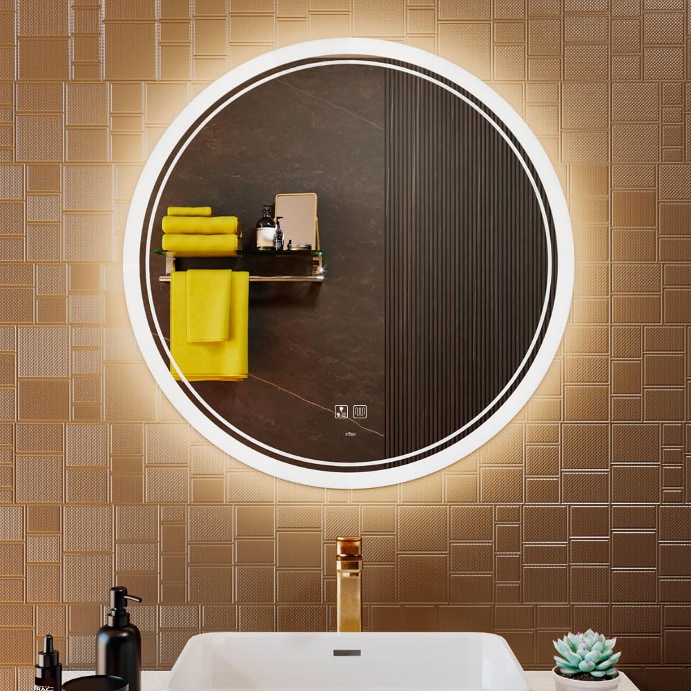 KWW Espejo de Tocador de Baño Circular LED Moderno a Gran Escala, Temperatura de Color Ajustable, luz Ajustable Antiniebla, Espejo Montado en la Pared Horizontal/Vertical (70_x_70_cm)