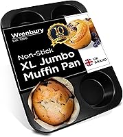 Wrenbury Jumbo 6-Cup Muffin Pan - Nonstick XL 4" Deep Cups for Giant Muffins & Cupcakes, PTFE-Free, Dishwasher Safe, 446°F Oven Safe