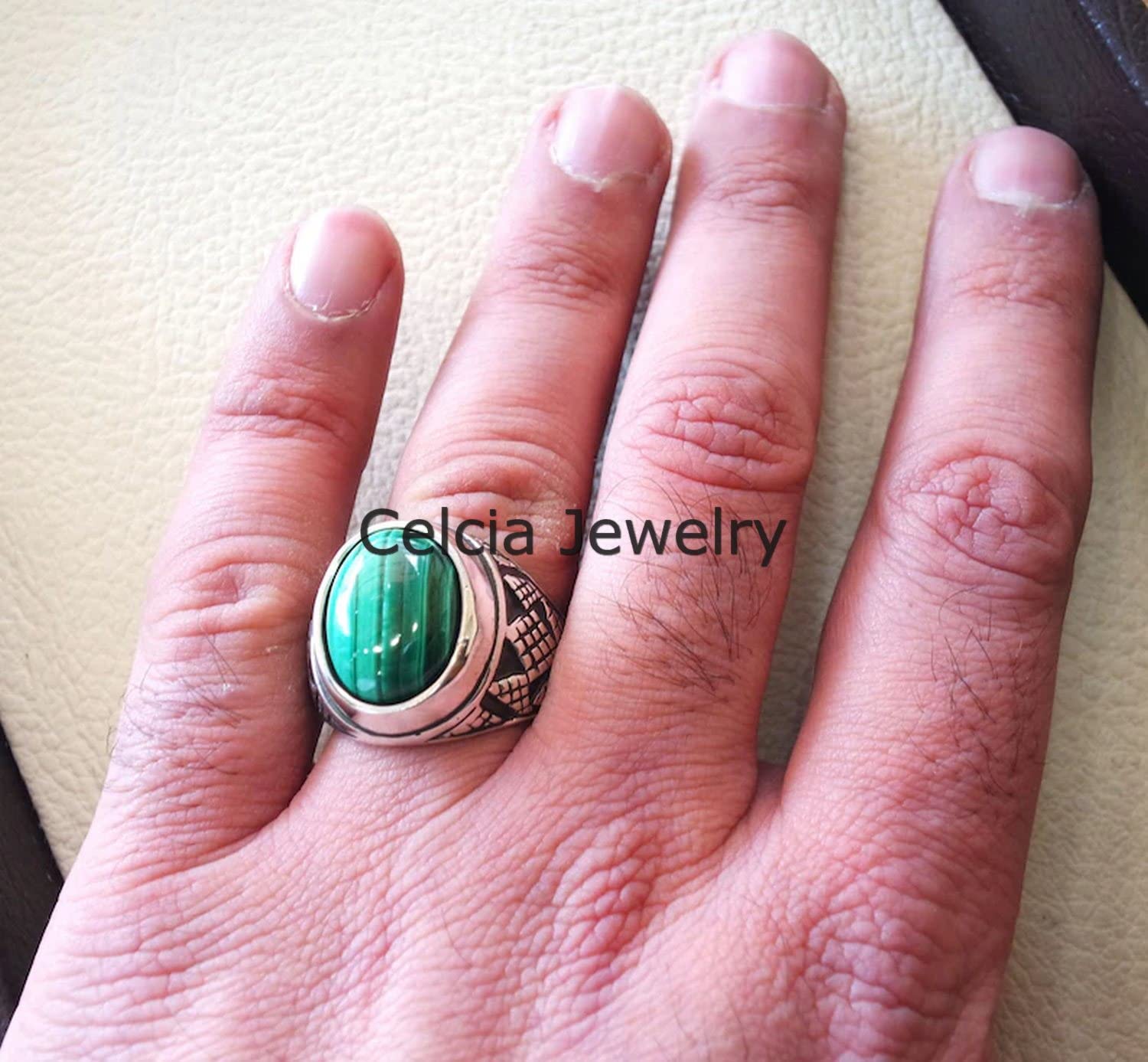 Anillo ovalado de cabujón de piedra preciosa genuina de malaquita, anillo de declaración, anillo de sello clásico, anillo impresionante, anillo diario, anillo oxidado de plata