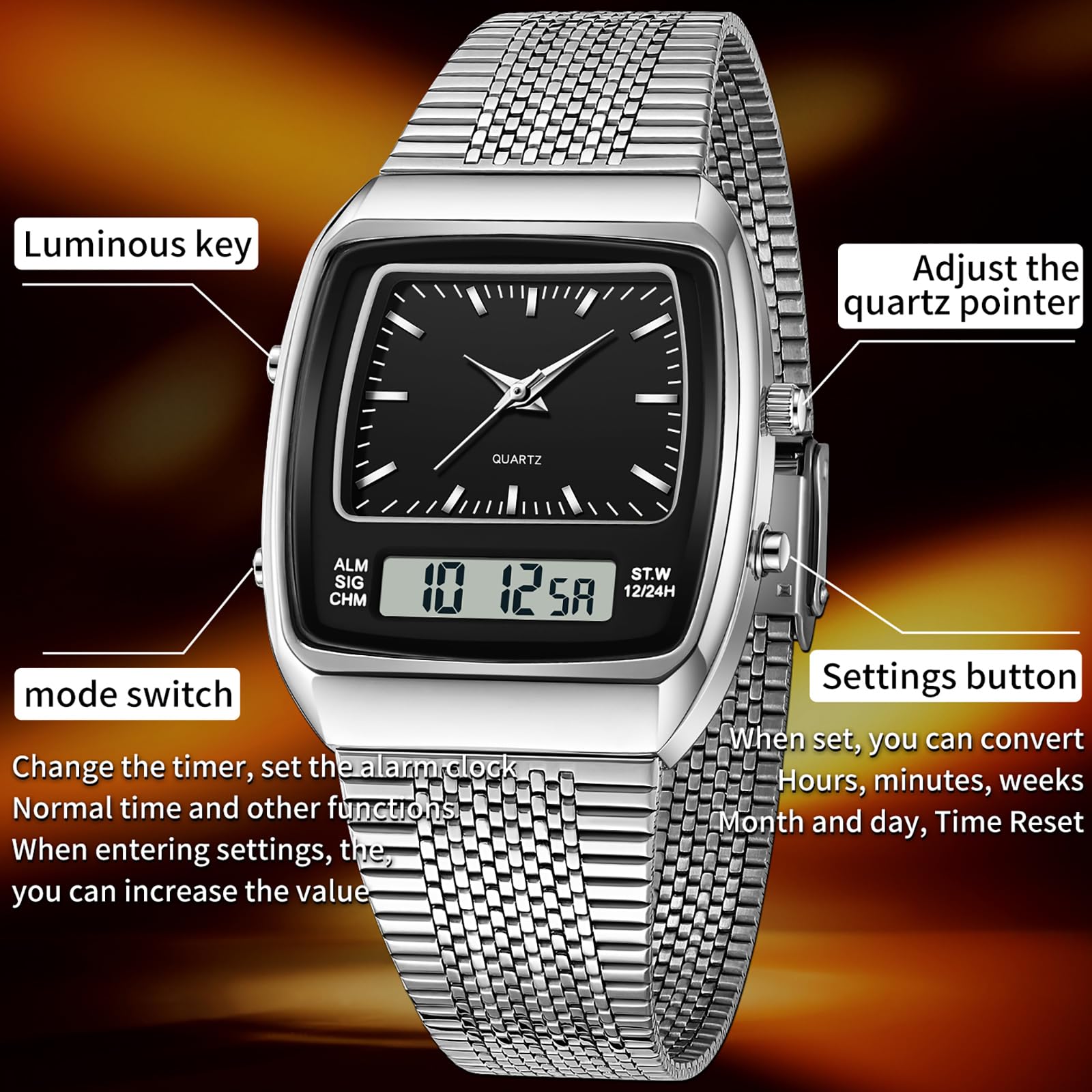 findtime Relojes para hombre y mujer, resistente al agua, analógico, digital, correa única, alarma de negocios, relojes retro, luz de fondo LED, multizona horaria, reloj de pulsera rectangular