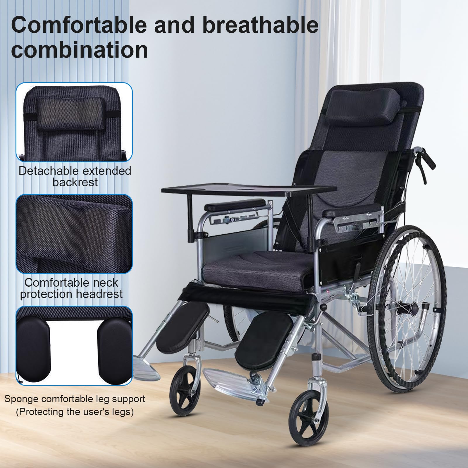 Silla de Ruedas Plegable Ligera - Silla de Viaje de Aluminio Totalmente reclinable y Ajustable - Asiento de 45 cm para Adultos, Personas bariátricas y Personas Mayores - Capacidad de 118 kg