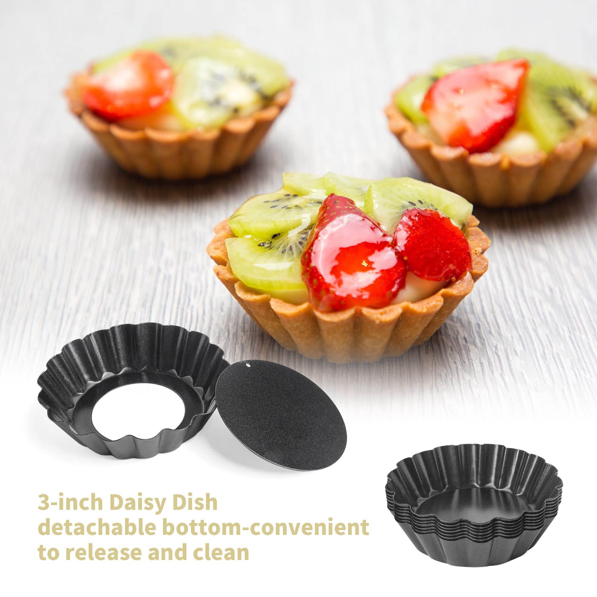 Lot de 24 mini moules à quiche antiadhésifs pour la pâtisserie, 7,6 cm avec base amovible, mini moules à tarte cannelés en acier au carbone pour la pâtisserie