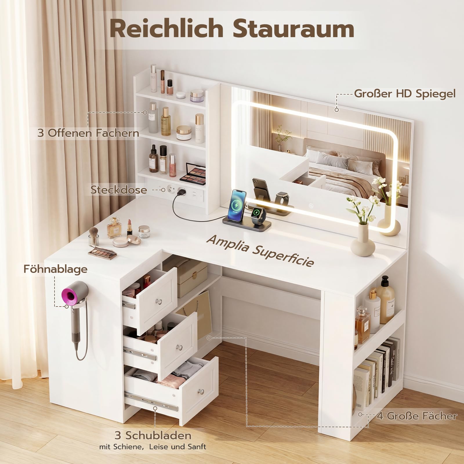 YOUDENOVA Schminktisch mit LED-Beleuchtung, Großer Spiegel und Steckdosen, Schminktische mit 3 Schubladen und 3 Ablageflächen, 4 Unterbaufächer, L-Förmiger Eckschminktisch, 120x80x136cm, Weiß