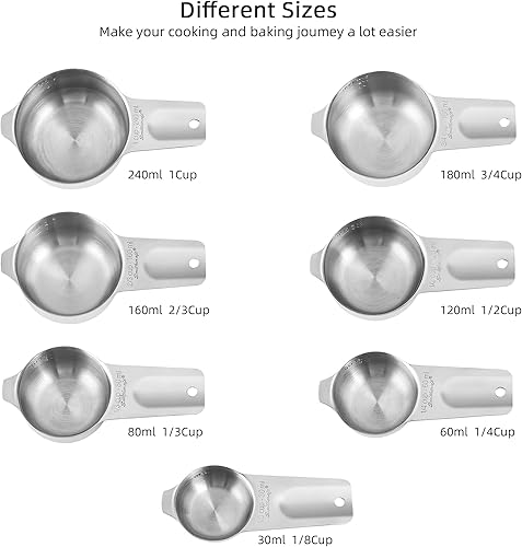 Miniatura 5 de Smithcraft Juego de tazas y cucharas medidoras, juego de tazas medidoras de acero inoxidable, 7 tazas medidoras secas, 9 cucharas de medición