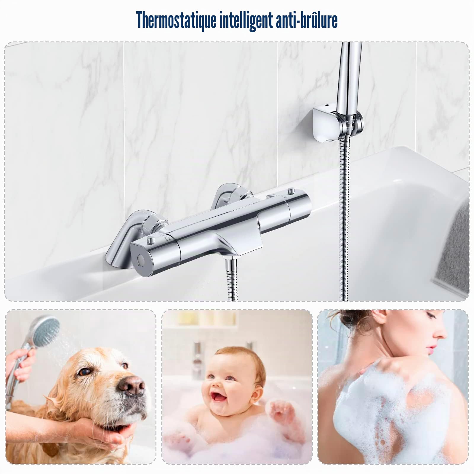 Mitigeur thermostatique pour baignoire/douche avec bec de remplissage cascade, sécurité à 38 ℃ anti-brûlure, robinet mitigeur thermostatique en laiton massif, chromé, 180 mm