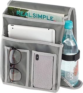 mDesign Tasca portaoggetti Letto – Tasca Organizer Letto salvaspazio con 4 Tasche in Poliestere e 1 portabottiglie – Tasche da Appendere per Libri, riviste, Occhiali, bibite, ECC. – Grigio