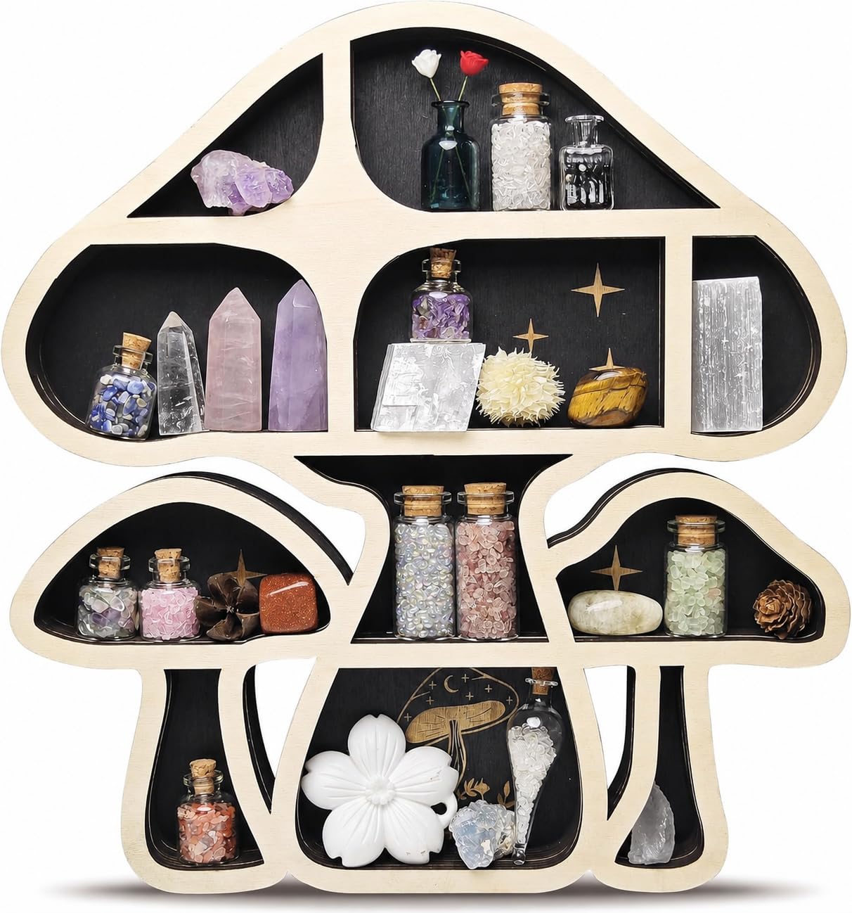 FNYDOX Mushroom Decor Floating Shelves, Crystal Display Shelf for Wall, Cute Whimsy Mushroom Wall Decor, Rock Gem Stone Organizer, Essential Oil