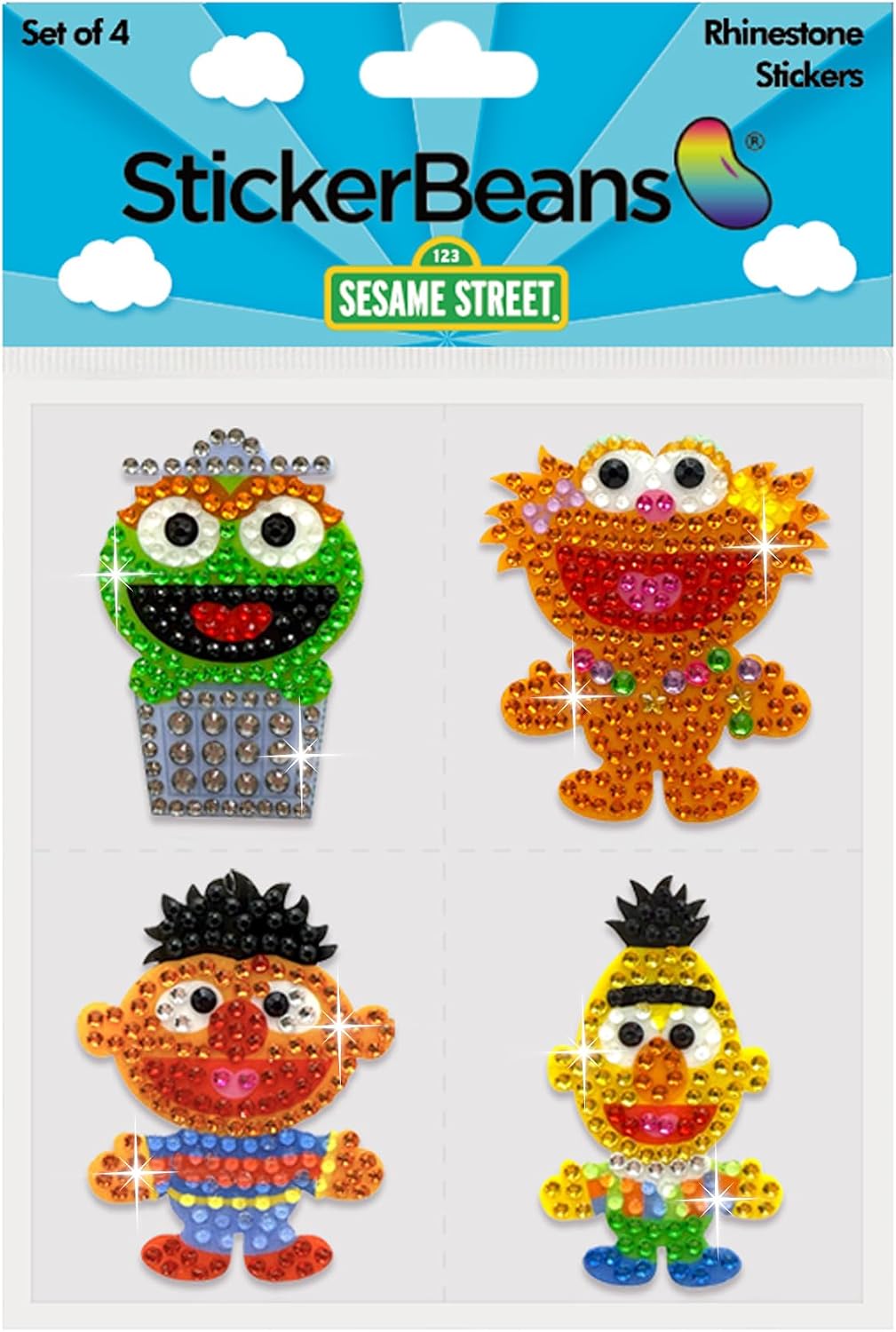 StickerBeans® Rhinestone Stickers x Sesame Street 4-Pack, 2” x 2” Unique Sparkly Cut-to-Shape for Collecting, Trading, Decorating Laptops, Phone Cases, Scrapbook (Sesame Street Pals)
