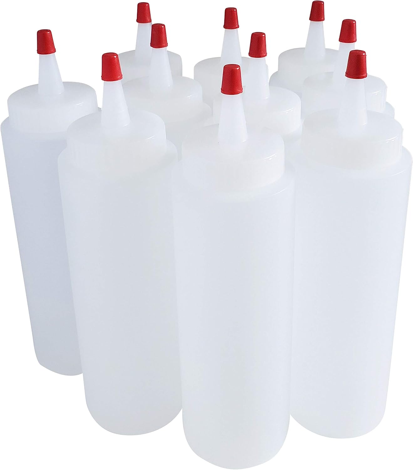 kelkaa 8oz HDPE Plastic Squeeze Bottles with Wide Mouth Opening, Red Tip Yorker Caps with 0.030 Orifice for Condiments and Any Thick Liquids Products, Refillable Empty Bottles (Pack of 10)
