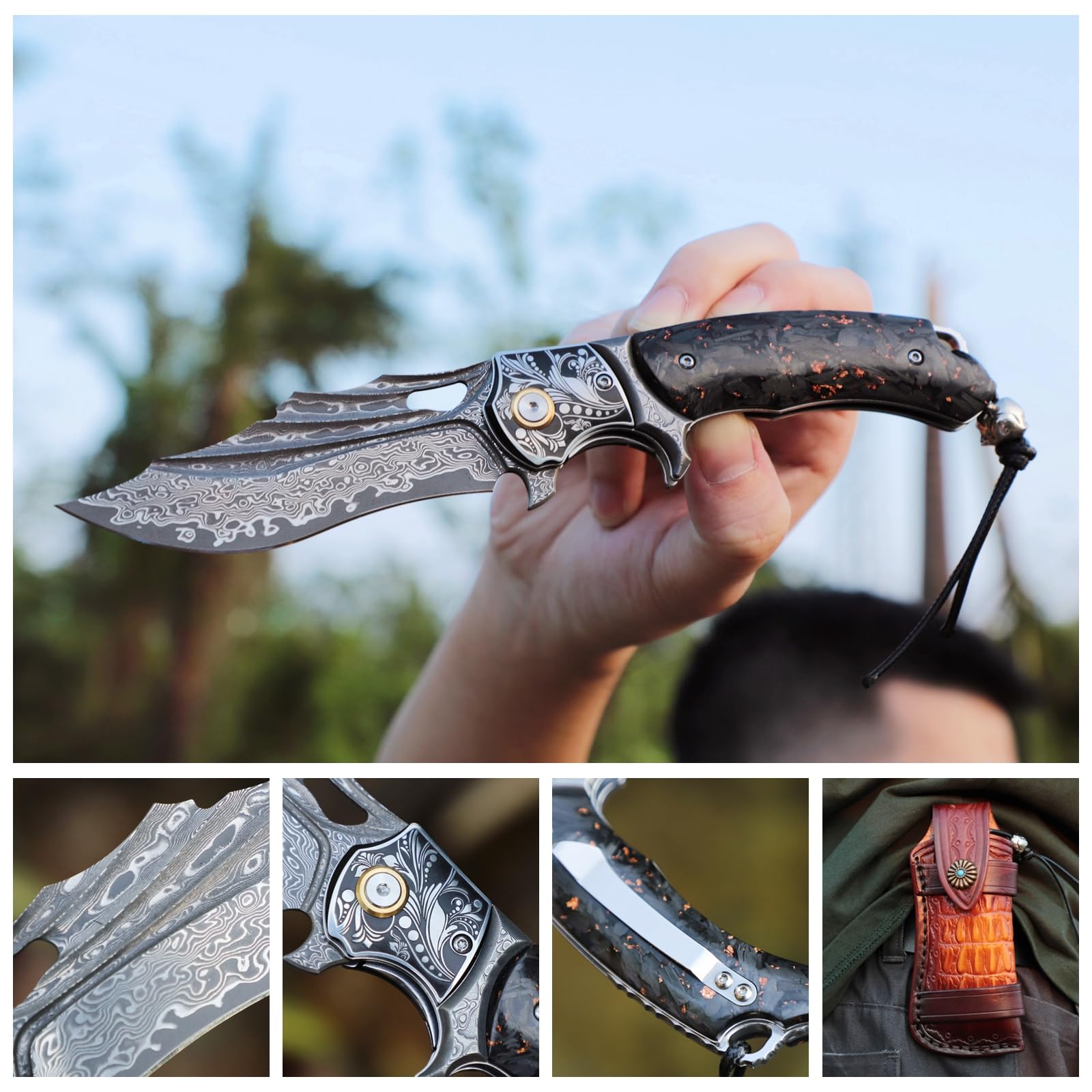 Klappmesser für Herren, 8,6" Damaszenerstahl-Klappmesser, mit Lederscheide, Taschenclip, mit Blütenblatt-Schnitzereien verziert, Griff aus Karbonfaser, ideal für Camping, Abenteuerwanderungen und als