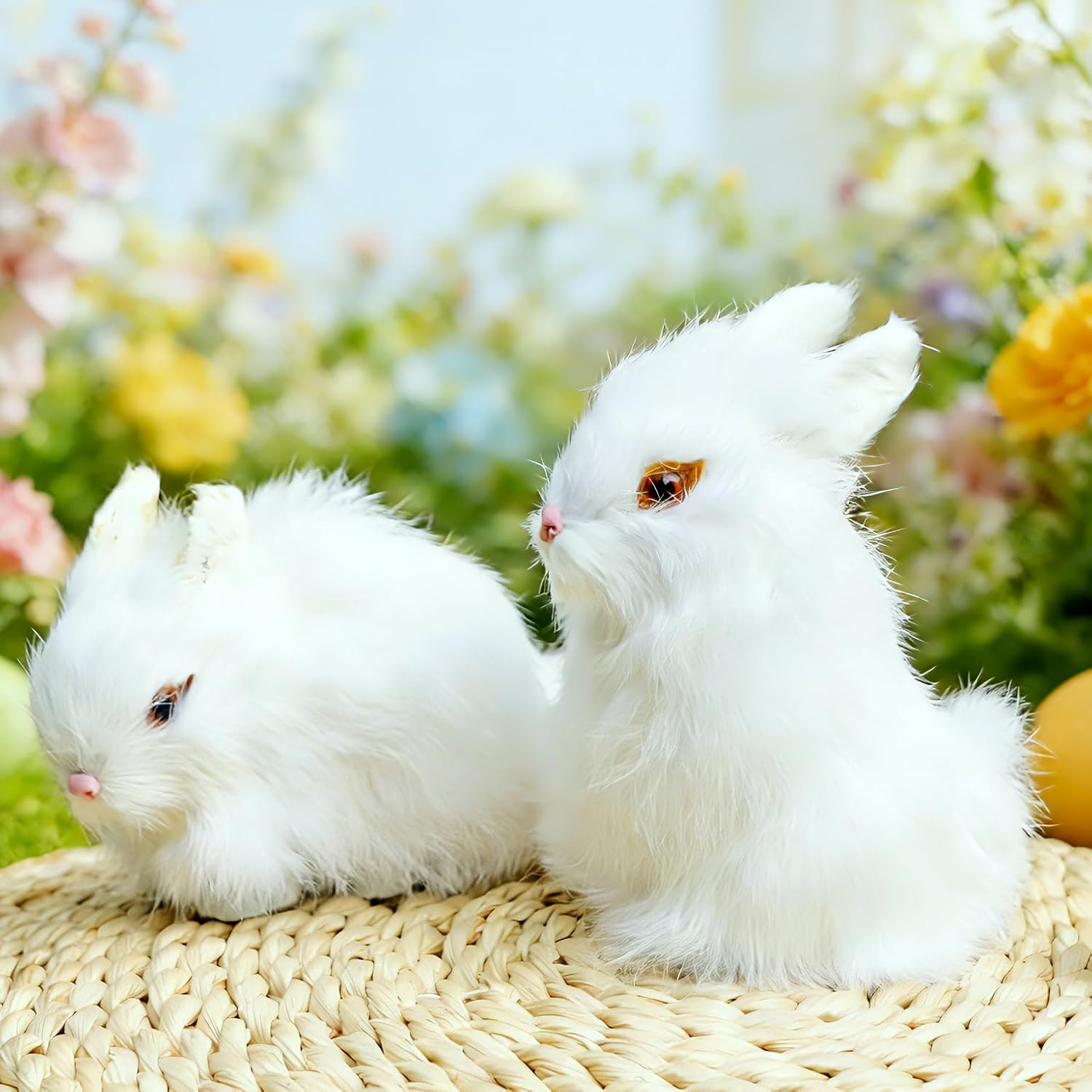 Easter Bunny Plush Figurines - 2 Piece Realistic Rabbit Stuffy for Easter Decor, Spring Basket Fillers, Home Decoration, Photoshoot Props, (White)