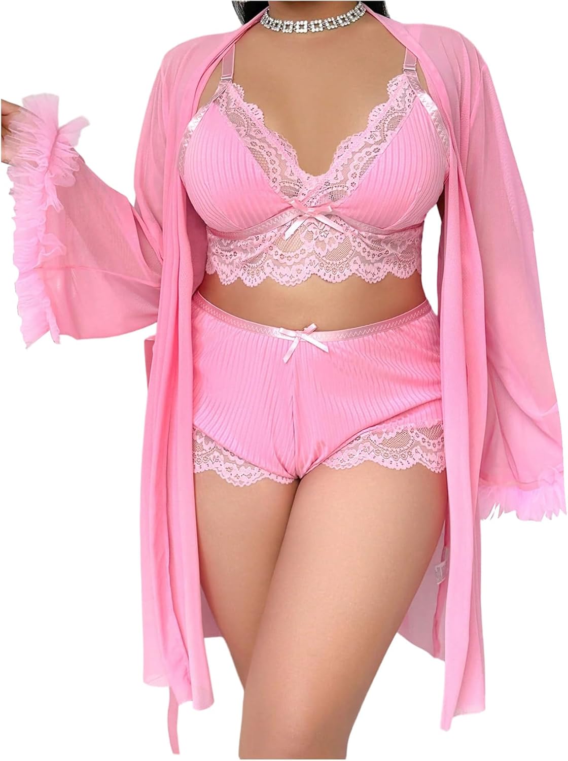 OYOANGLE Women's Plus Size Lingerie Set Lace Ribbed Bra and Panty with Long Sleeve Sheer Kimono Robe Sets