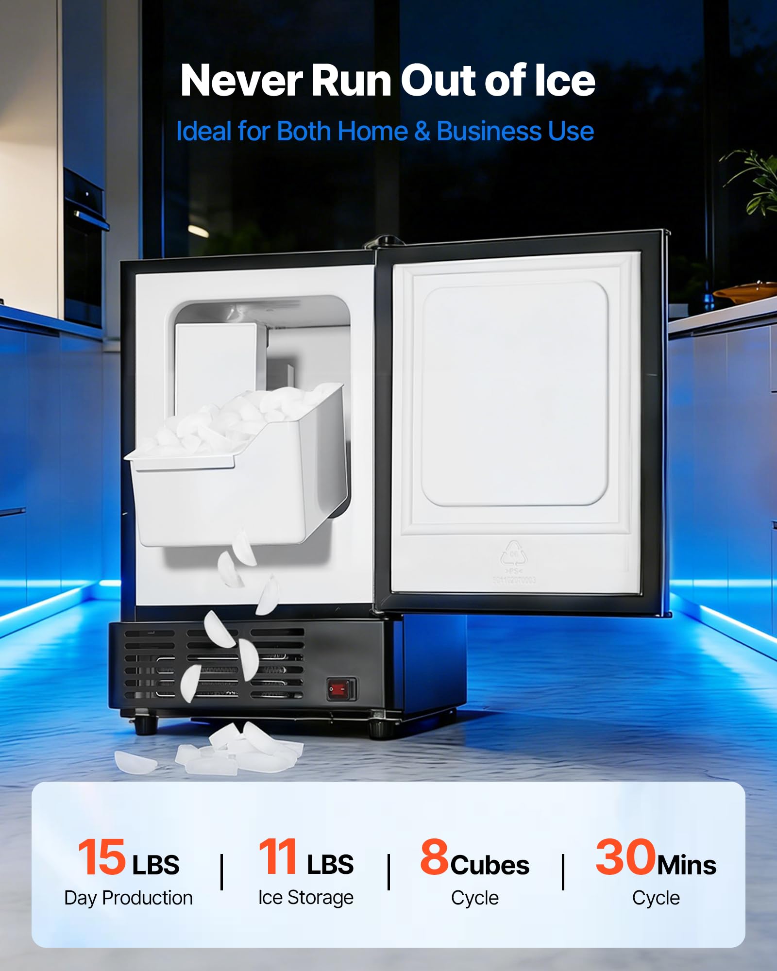 VEVOR 15" W Under Counter Ice Maker, 15 LBS/Day Crescent Ice Maker Built-in with 11LBS Storage Bin & Reversible Door, Freestanding Ice-Making Machine for Commercial Home Kitchens - No Drain Required on Fridge.com