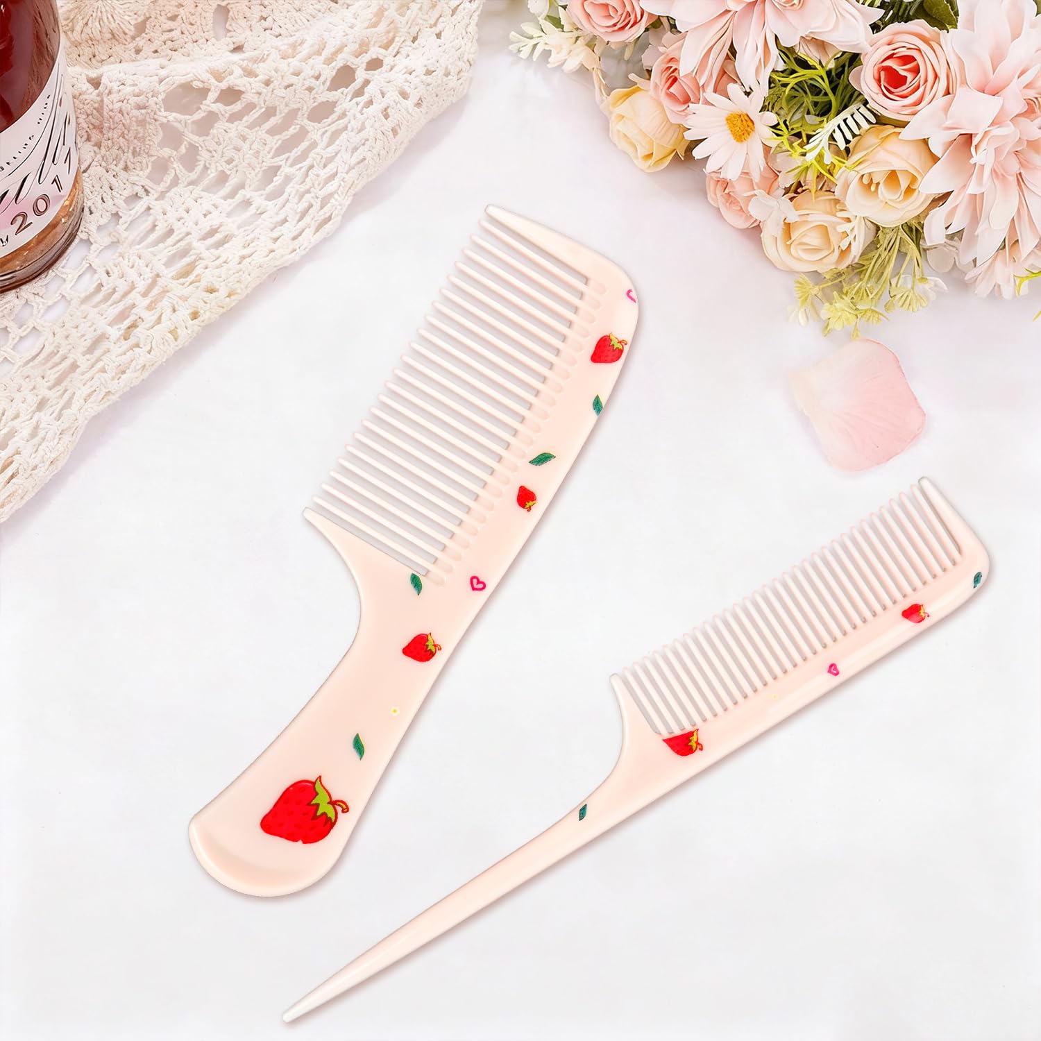 Lot de 4 peignes à cheveux mignons, peigne pour bébé en fraise & glace, miniatures, dents fines & queue de rat, pour femmes, filles, enfants, tous types de cheveux