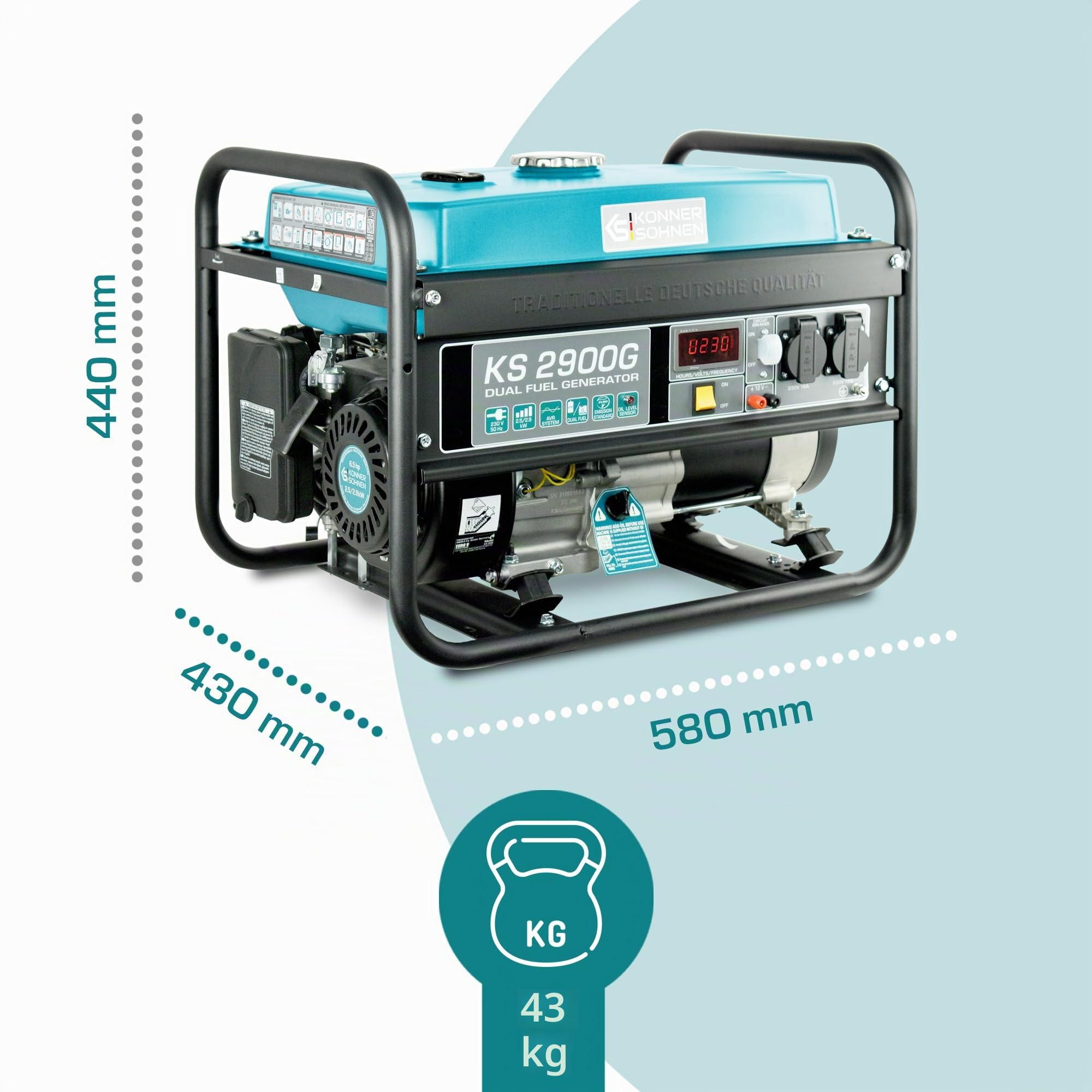 Generatore ibrido a benzina e gas KS 2900G Serie DUAL FUEL potenza massima 2900W, regolatore automatico di tensione (AVR), indicatore livello olio basso, protezione sovraccarico e cortocircuito…