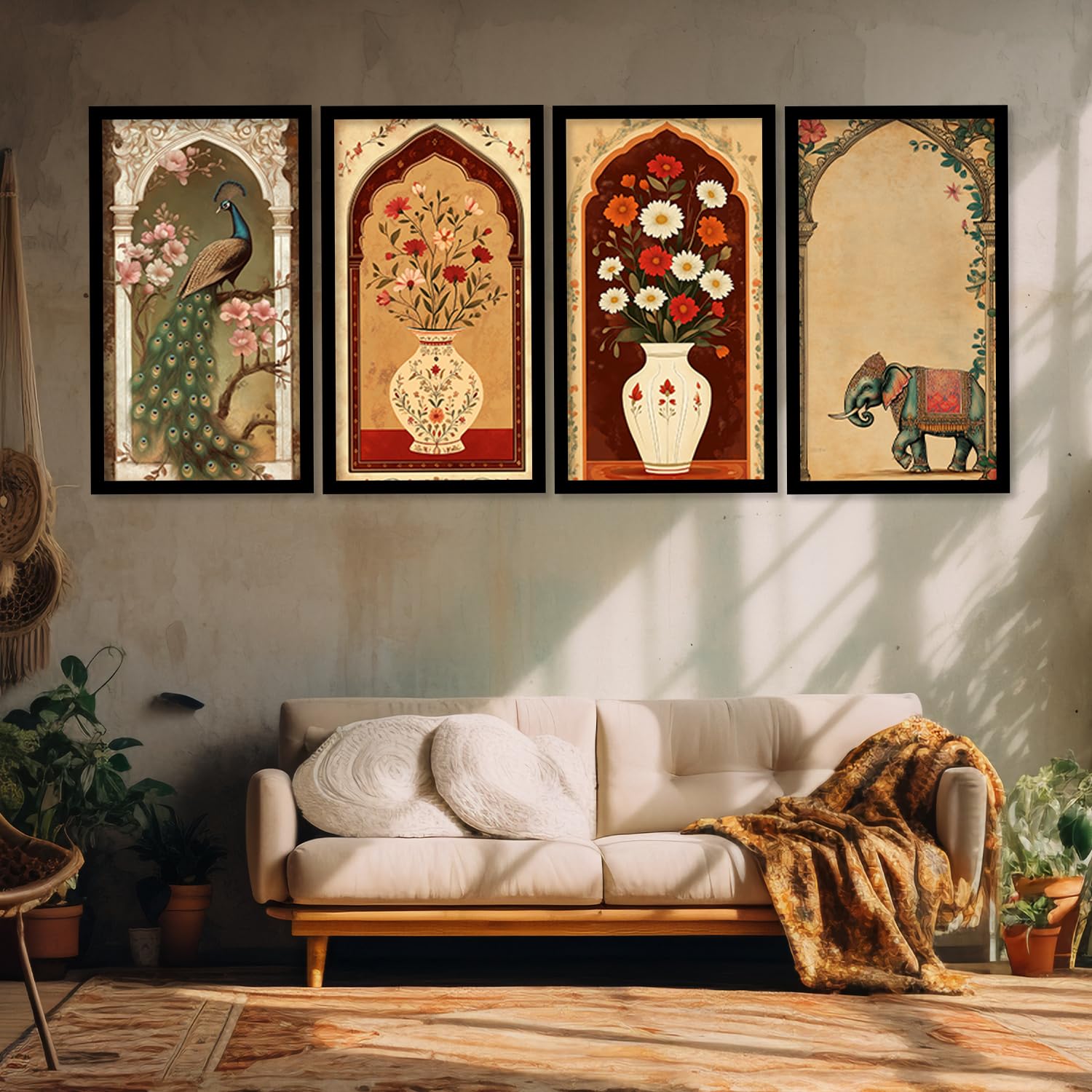 BANGERZ Painting For Wall Decoration - Madhubani Wall Painting for Living Room Bedroom Office Wall Decor (10inch x 19inch)(Pack of 4) (Artwork 4, Black Frame, Framed)
