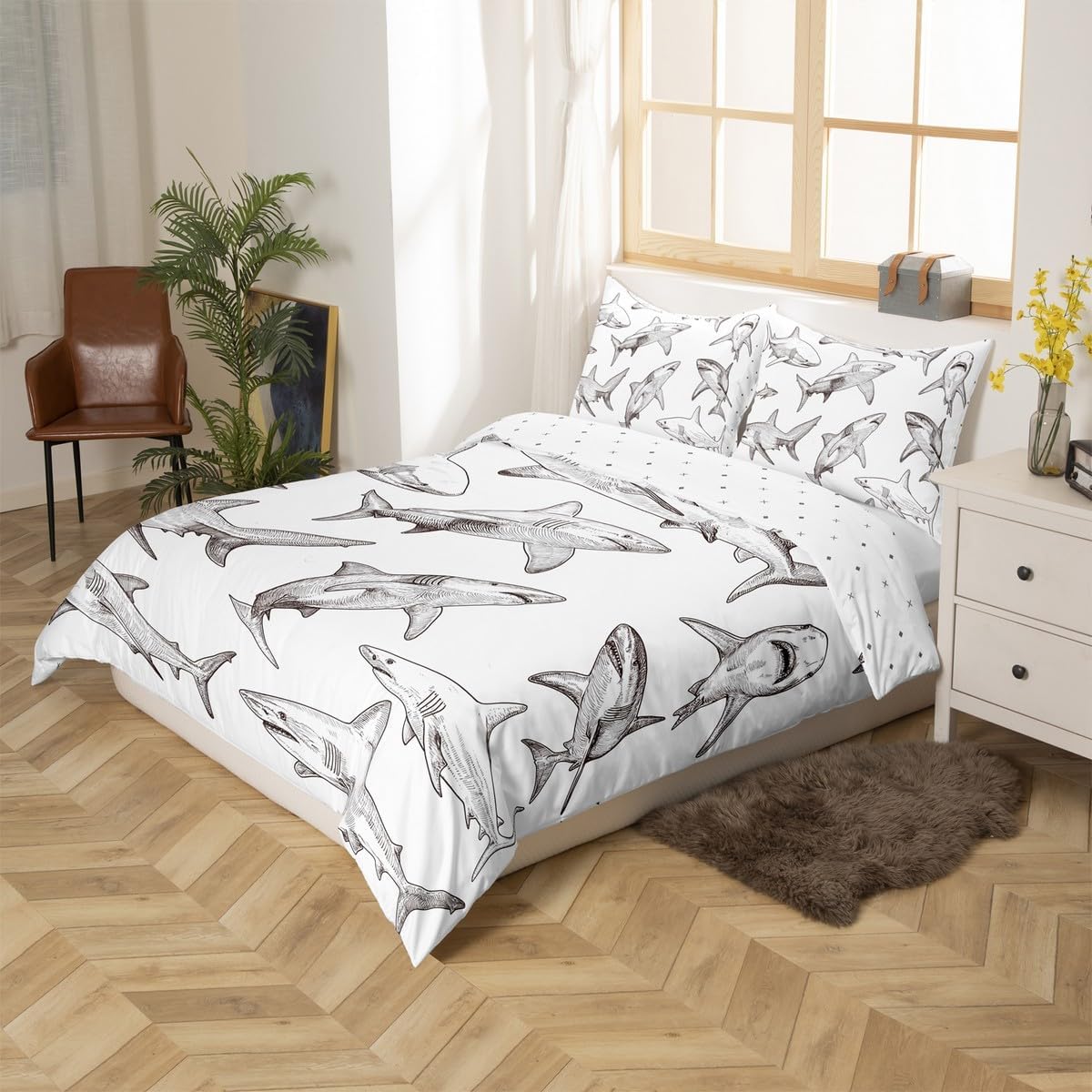 Erosebridal Teens Shark Bedding Set, Ocean Life Duvet Cover for Kids Boys Girls Adult Dolphin Whale Comforter Cover Full Size Marine Life Sea Animal Bedspread Cover 3 Pcs with 2 Pillow Cases