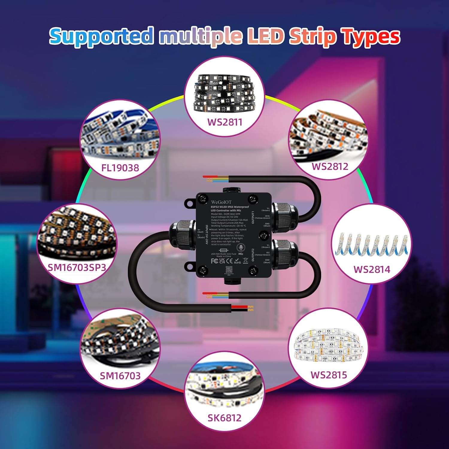 IP65 Waterproof LED Controller, ESP32 WLED WiFi APP Control, Outdoor Music Sync Light Controller, DC5-24V, for WS2812B RGBIC RGBW LED Strip Lights(2 Channel)