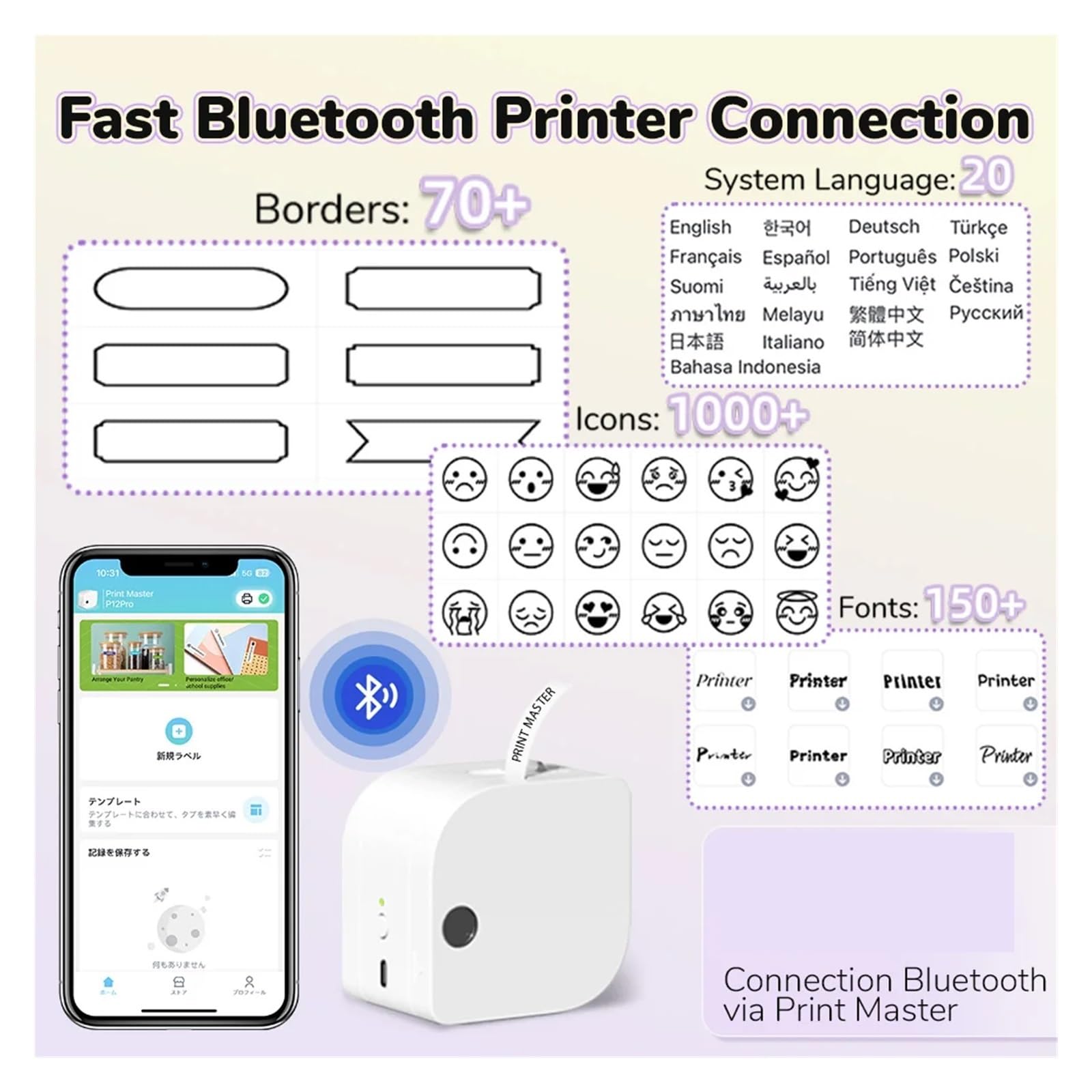Drukarka naklejek, Przenośna Drukarka Etykiet Bluetooth P12 Z Drukiem Termotransferowym I Wieloma Szablonami Do Przechowywania, Biura Domu dla paczki pocztowej, adresu, logo(Green)