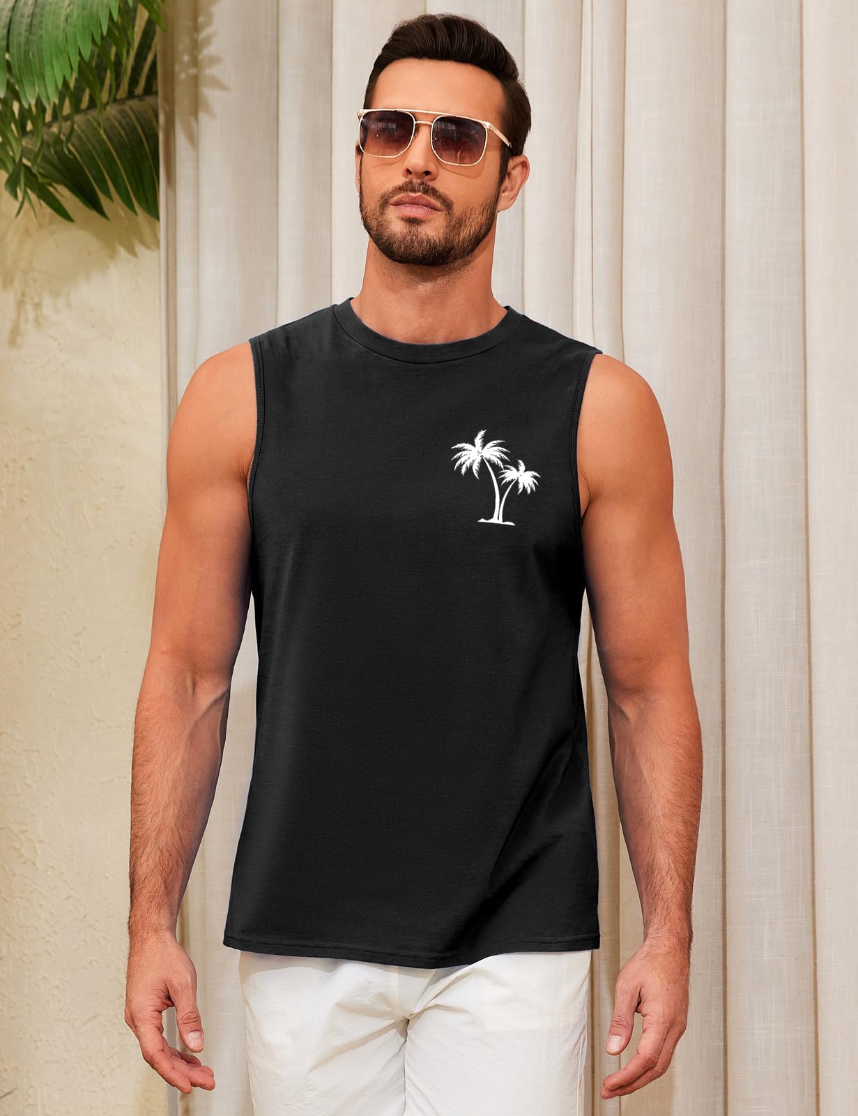 UMIPUBO Tank Top Herren Sommer Ärmellos Achselshirt Sport Muskelshirt Baumwolle Unterhemd Fit Workout Palme Gedruckt Strand Urlaub Männlich Lässig Leichtes Top