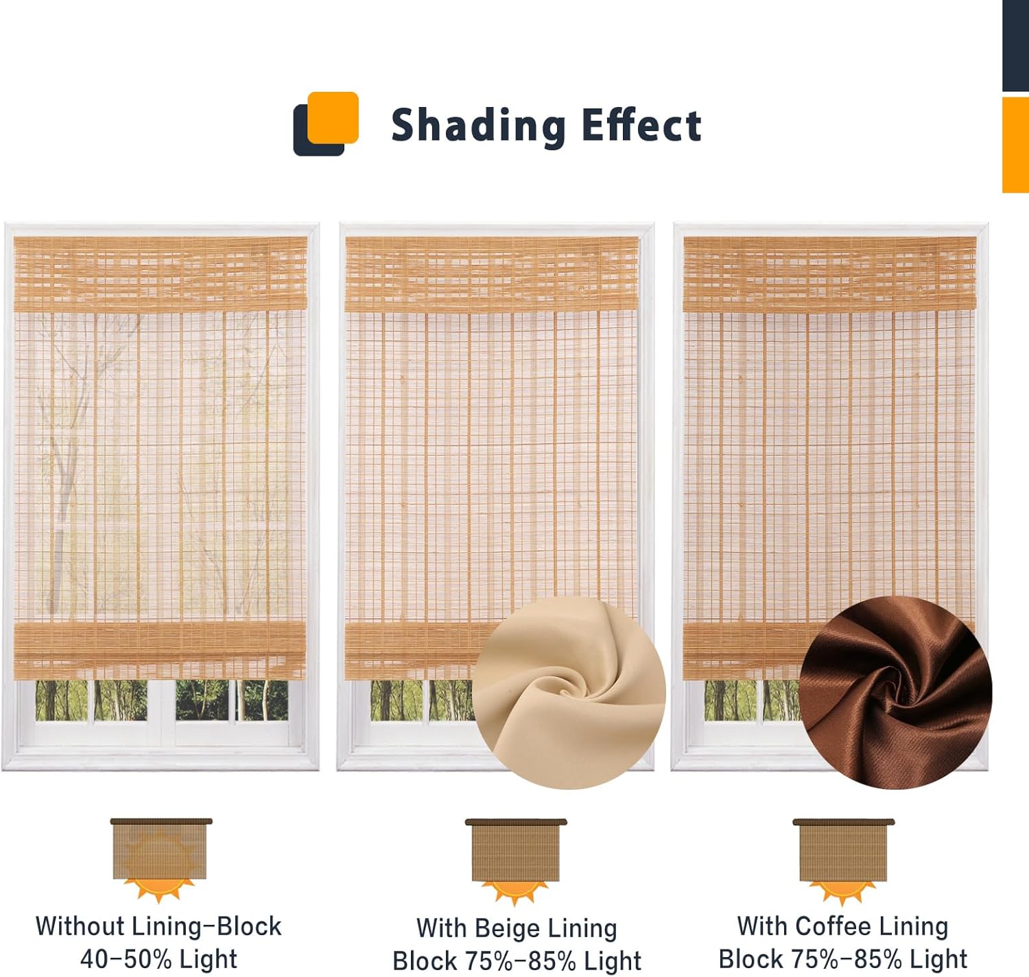 Blackout Cordless Blinds Bamboo Roman Shades, Custom Window Shades with Lining, Natural 100% Bamboo Blinds for Windows, Color 2803