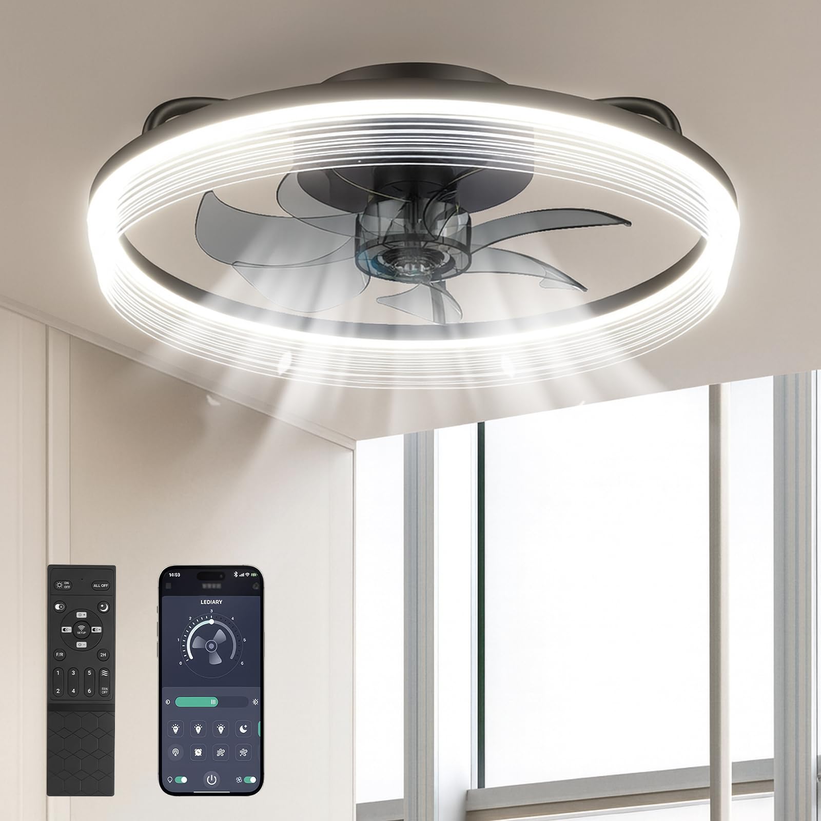 USOR Black Ceiling Fan with Light - Low Profile Ceiling Fan with Remote App Control 19.96 Inch Bladeless Flush Mount Ceiling Fan with Light Dimmable LED Modern Ceiling Fan for Bedroom Living Room.