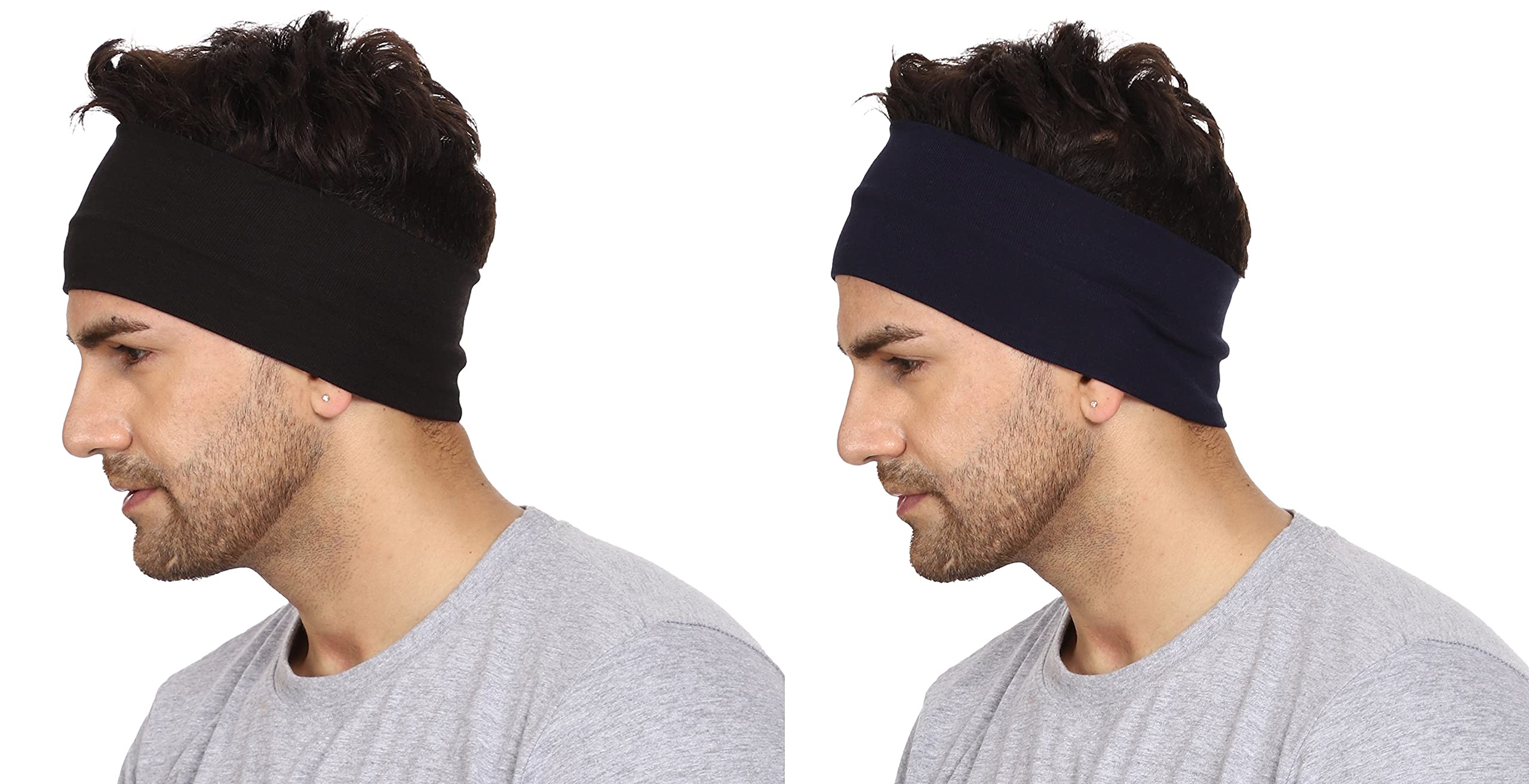 Gajraj Wide, Moisture Wicking and Non-Slip Exercise Workout Cotton Headband for Men and Women (Pack of 2) (Black-NavyBlue)-picture-2