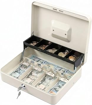 KYODOLED Locking Cash Box with Lock,Money Box with Cash Tray,Lock Safe Box with Key,Money Saving Organizer,11.81Lx 9.45Wx 3.54H Inches,White XL Large