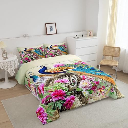 Miniatura 3 de Manfei Juego de edredón de pavo real, tamaño matrimonial, elegante y hermoso edredón de plumas azules de 3 piezas para adolescentes, adultos, niñas,