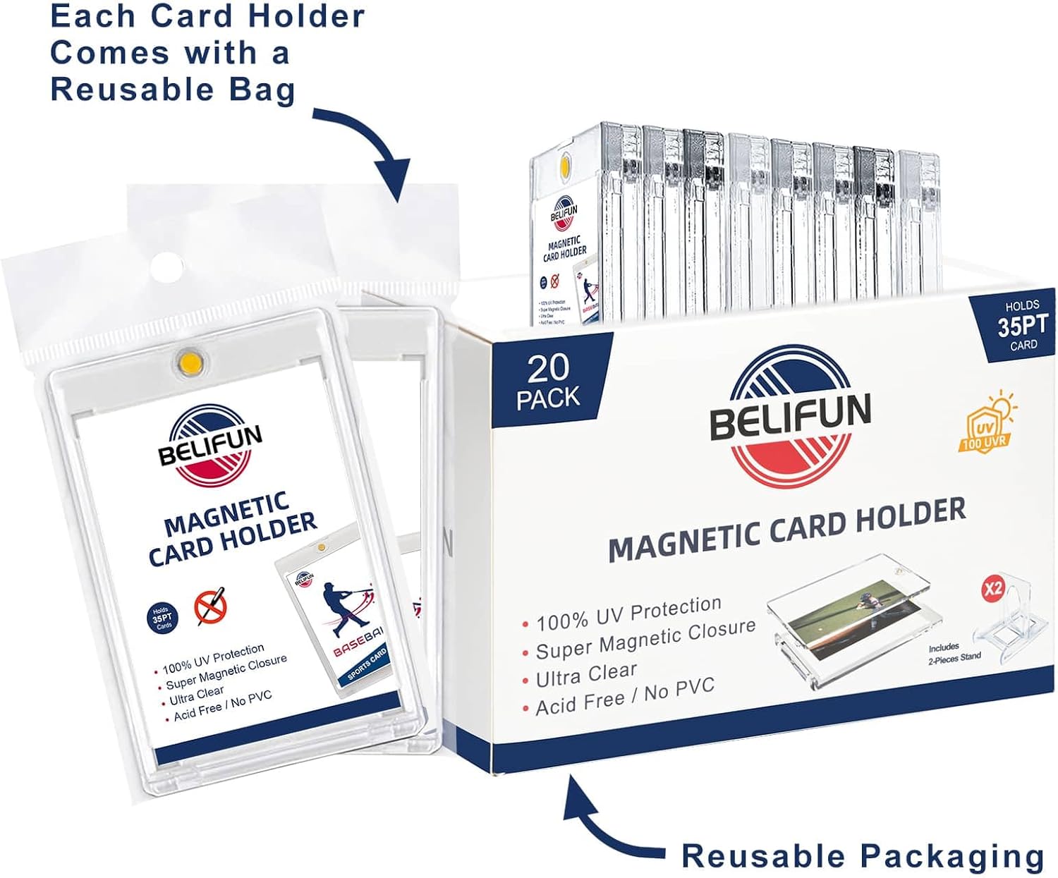20-Pack One Touch Magnetic Card-Holders - 35PT Trading Card Holders, UV Protection Clear Acrylic Card Cases, Card Protector for Game, Baseball Sports Cards, Fit for Standard Cards Storage and Display