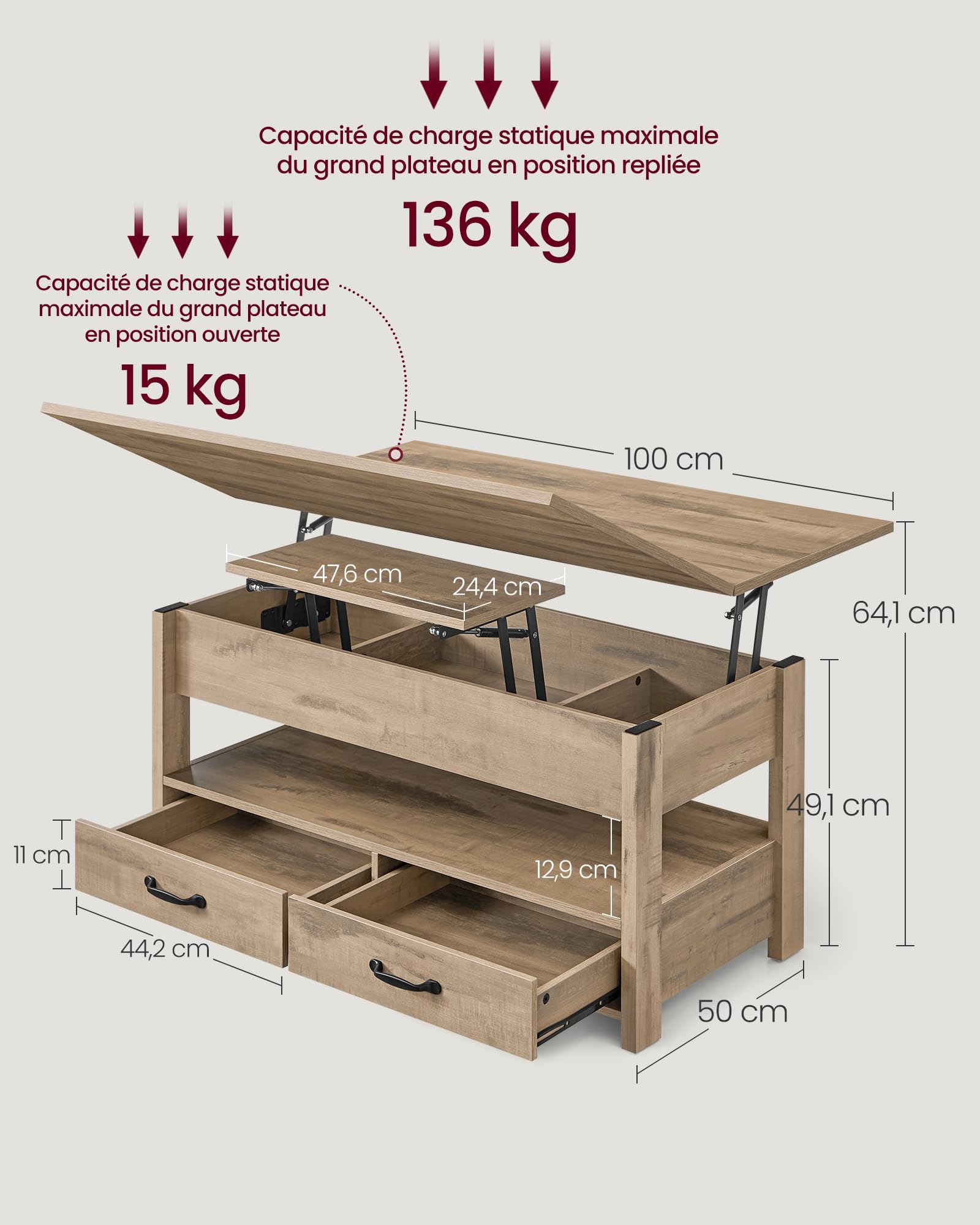 VASAGLE Table Basse, Table de Salon Relevable, Vérin à Gaz, 2 Tiroirs et 3 Compartiments sous Le Plateau, 1 Compartiment Ouvert, pour Salon, Bureau, Marron Camel LCT254L01