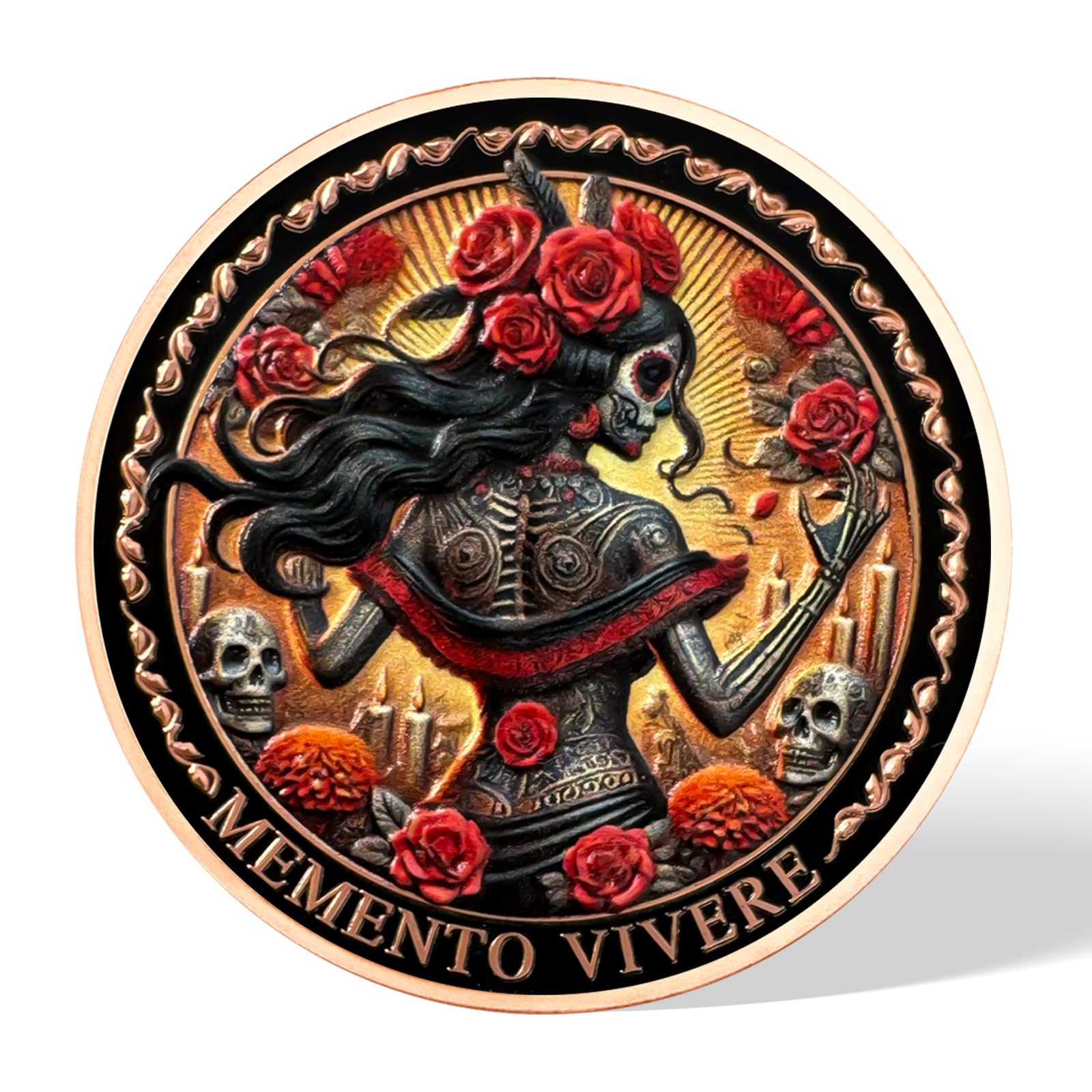AtSKnSK Memento Mori Moneda – Rosas Calavera Moneda para mujer, recuerdo y regalo para hombre y mujer