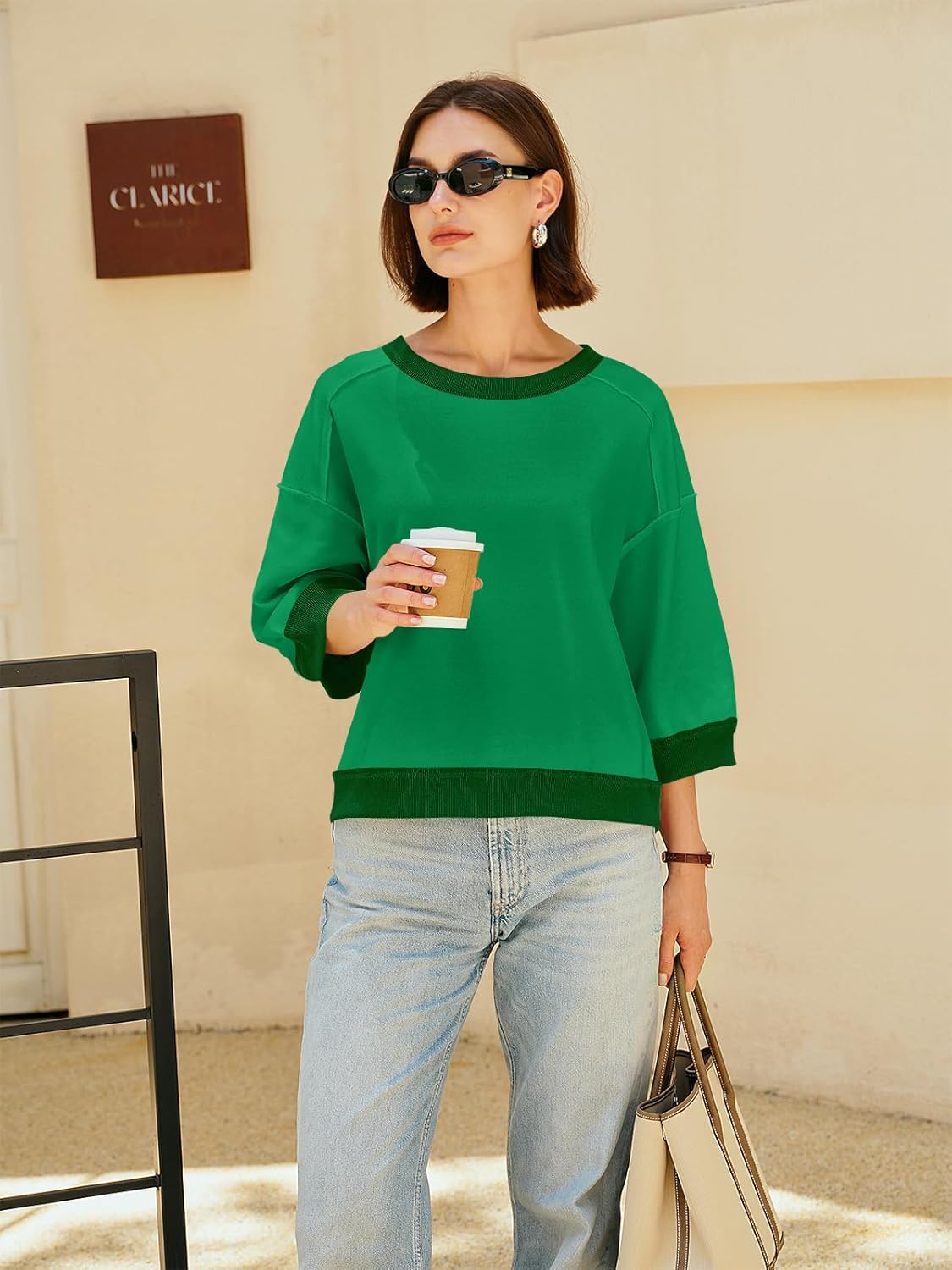 Nirovien Womens Short Sleeve Sweatshirt Oversized Crewneck Sweatshirts 3/4 Sleeve Casual Summer Tops - Image 3