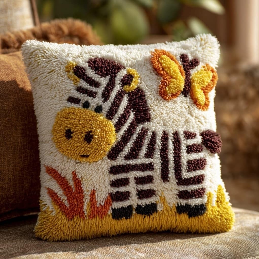 AxiangziK 43x43cm DIY Latch Hook Cushion Kit,Zebras and Butterflies