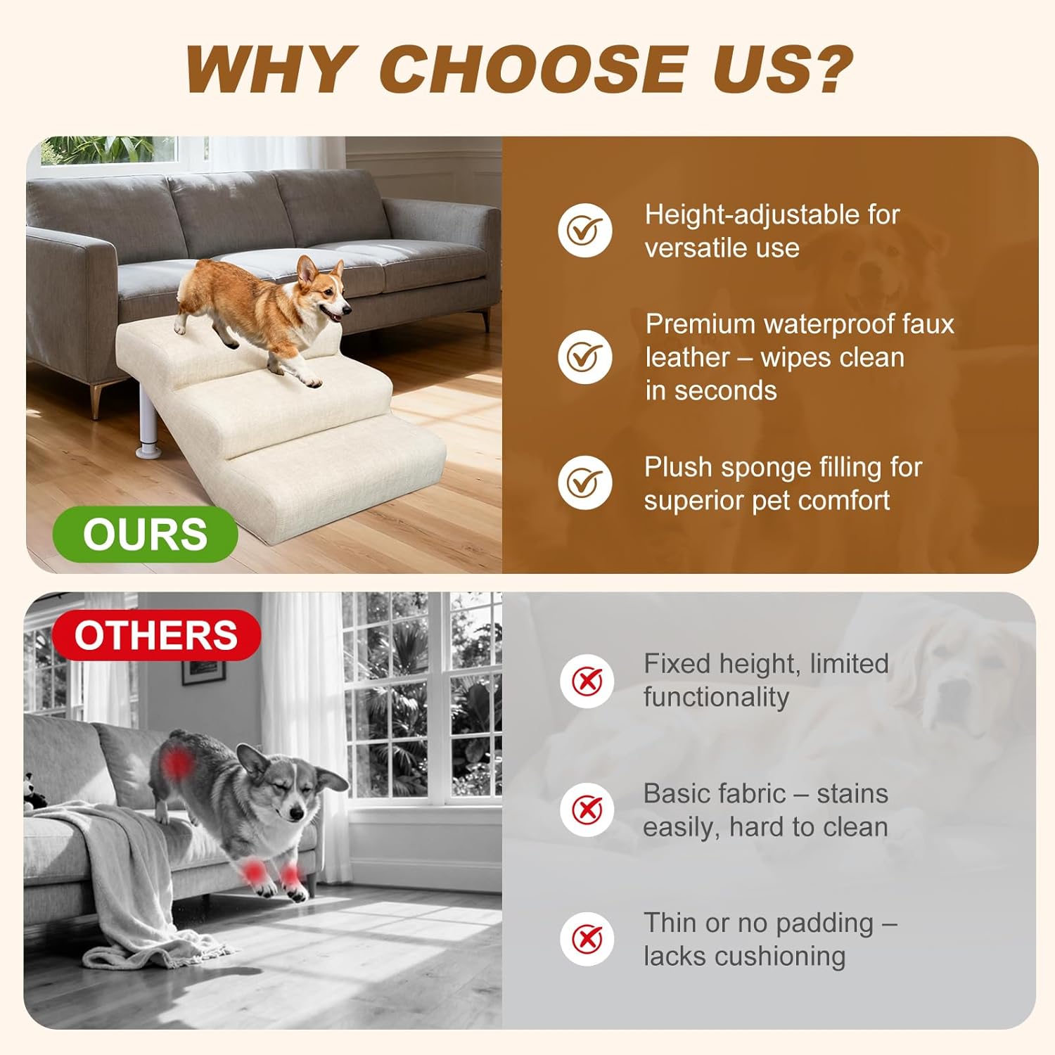 Adjustable Dog Stairs & Ramp for Cats and Dogs, 3-Step Pet Stairs for High Beds and Couch, 11.8"–14.5" Height, Linen Faux Leather, Waterproof, Scratch-Resistant, Non-Slip Indoor Pet Ramp