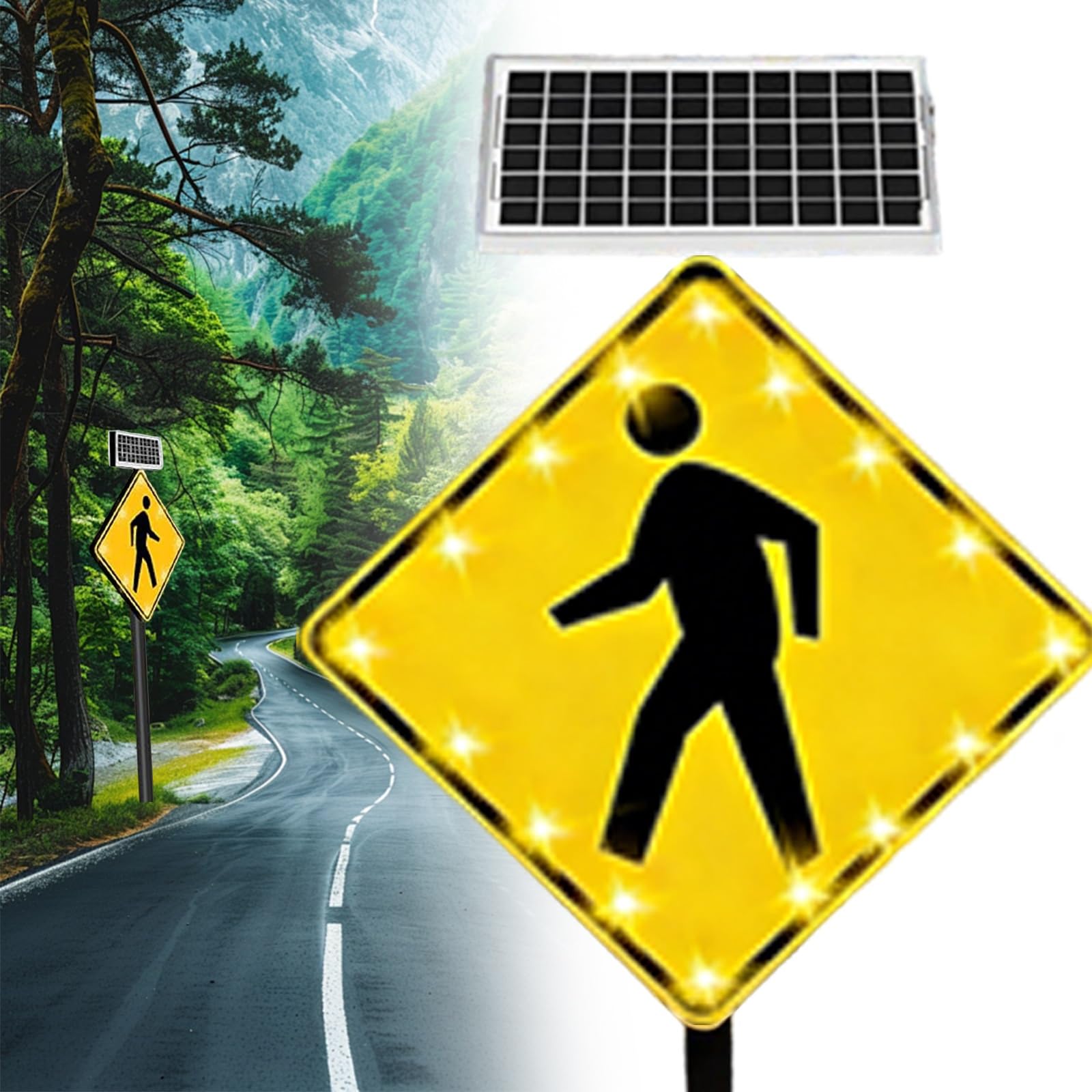 Aluminiowy sygnał przejściowy dla pieszych z migającą diodą LED i energią słoneczną, 61 cm / 76 cm, znak drogowy dla pieszych, z odblaskowym materiałem klasy przemysłowej (30 cali)