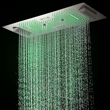 Verona 16"x36" Luxury LED Shower Head with Bluetooth Speakers by Cascada Showers, 4 Functions showerhead Rainfall, Waterfall, Mist & Side Rainfall Matt Black