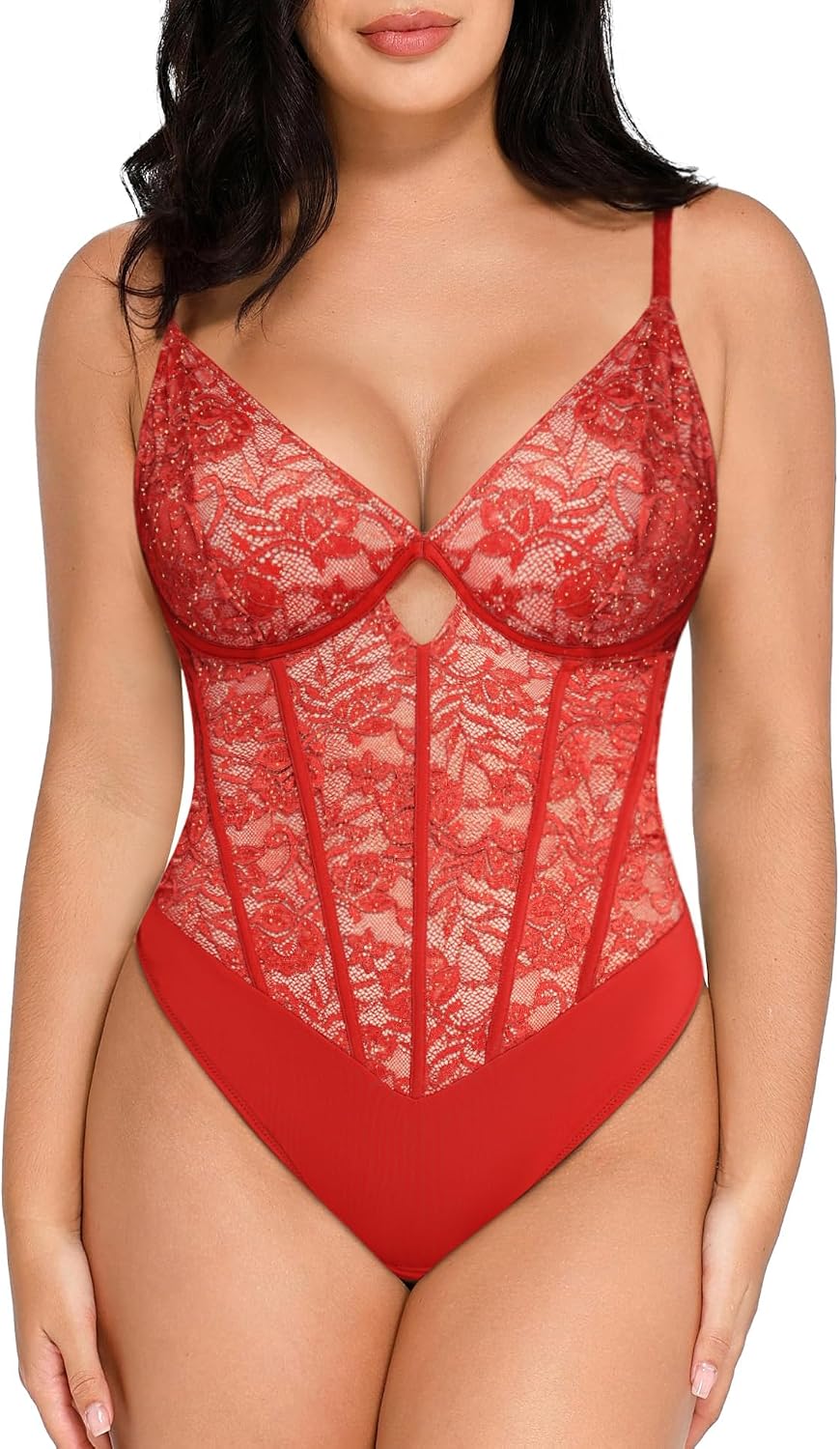 Popilush Lace Body Suits Women – Tummy Control V Neck Bodysuit with Side Zipper Going Out Corset Tops for Women Trendy 2025