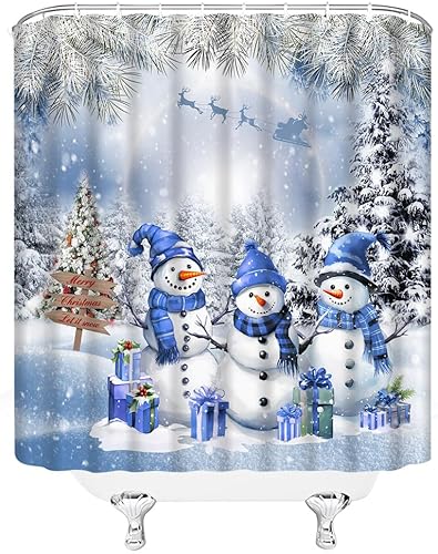 Miniatura 3 de Cortina de ducha con diseño de muñeco de nieve de Navidad, invierno, bosque de pinos, lindo muñeco de nieve azul, juego de cortina de baño con