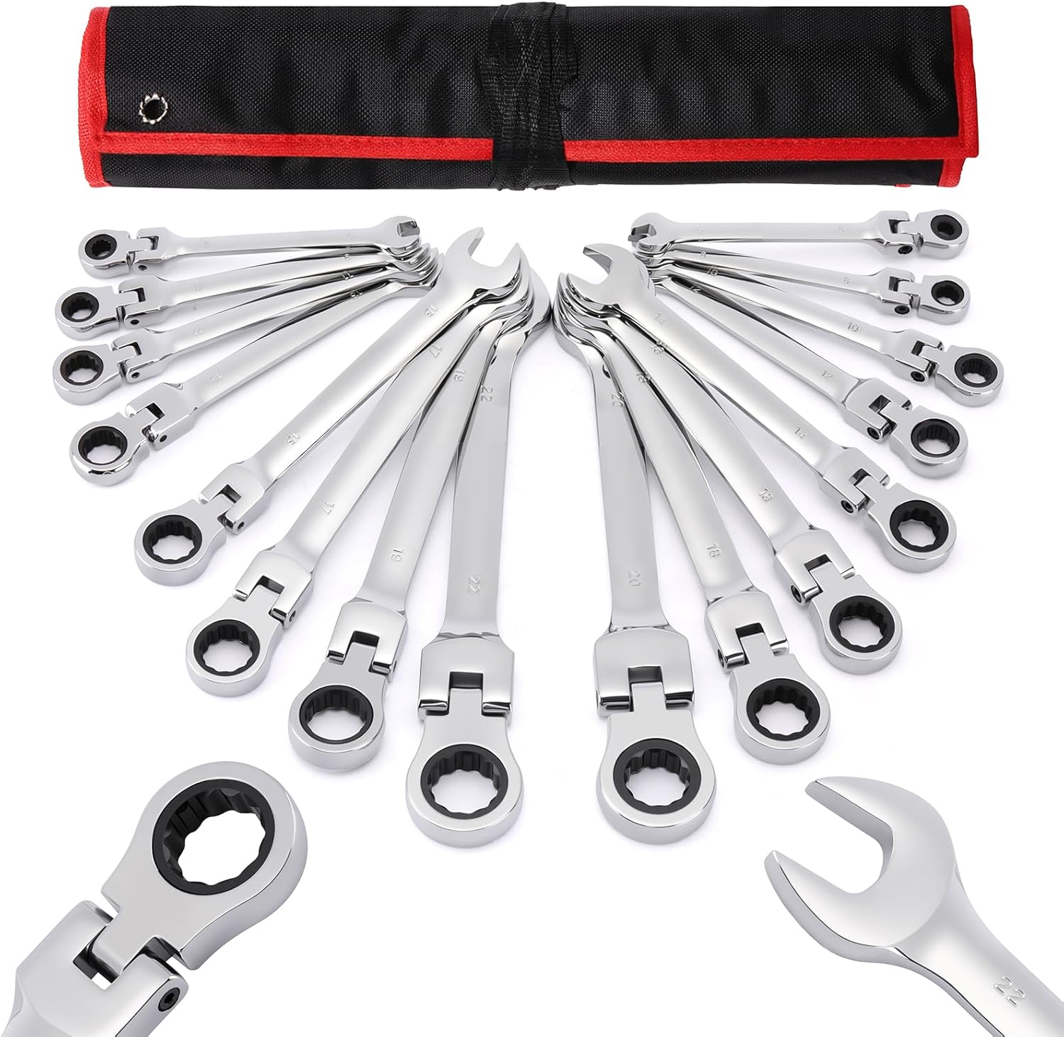 Mayouko 16-Piece Flex-Head Ratcheting Combination Wrench Set, Metric 6-22mm, 72-Teeth, CR-V Steel, With Rolling Pouch