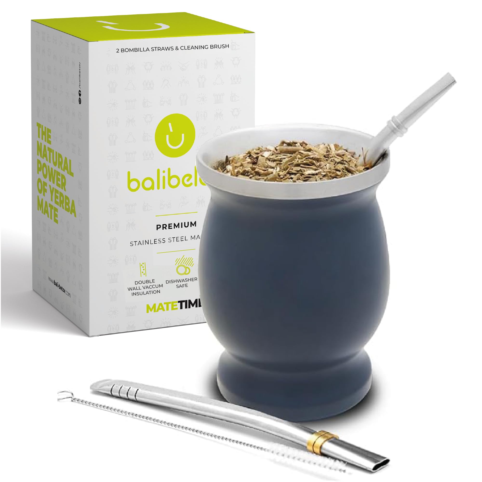 Balibetov Yerba Mate Set - Includes One Mate Cup, Two Bombilla Straws and Brush - Stainless Steel Double-Wall | Easy to Clean Grey Gourd