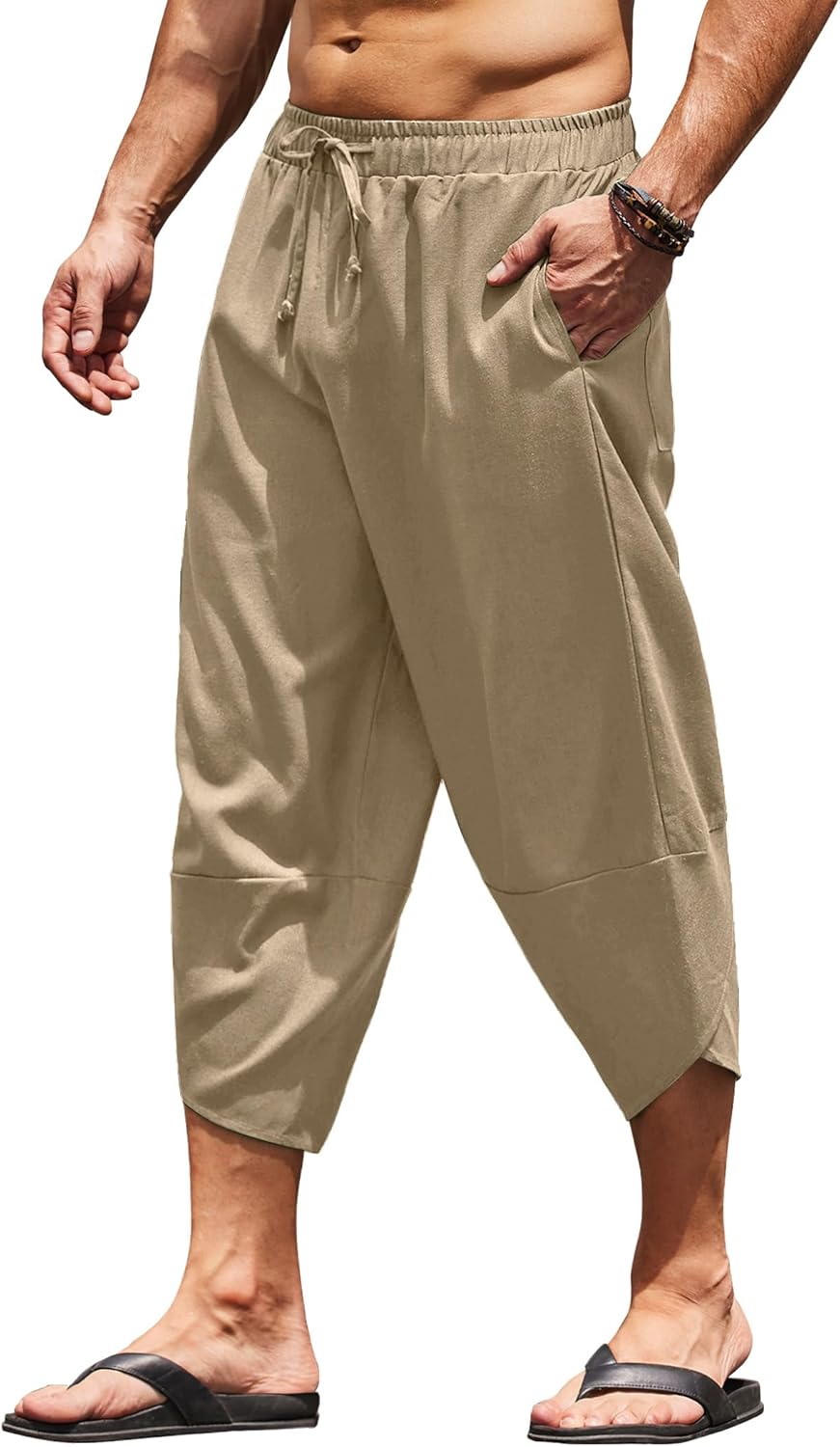 COOFANDY Men's Linen Harem Capri Pants Lightweight Loose 3/4 Shorts Drawstring Elastic Waist Casual Beach Boho Yoga Trousers
