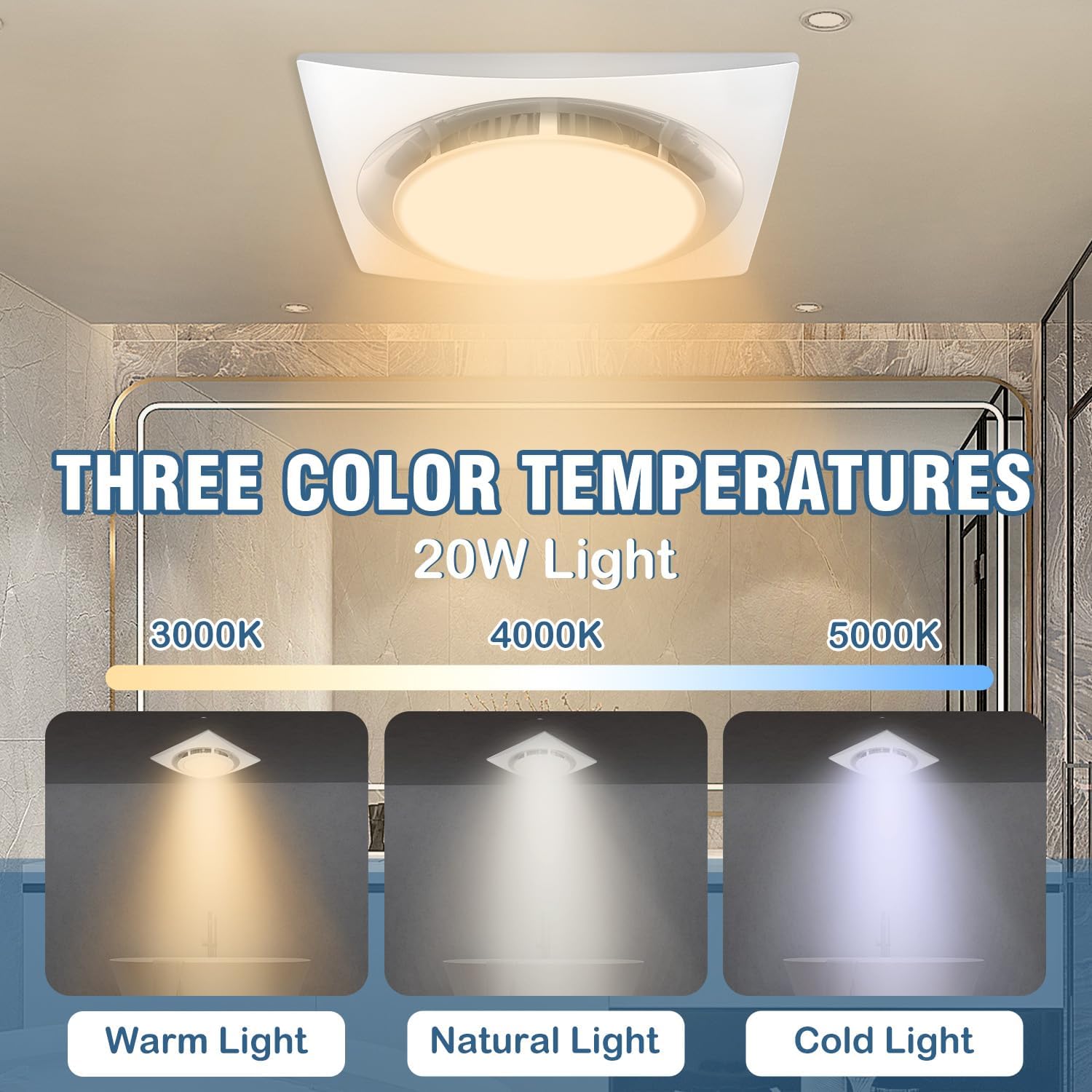 Bathroom Exhaust Fan with Light, 110 CFM, 1.0 Sones, 12.16” Ceiling Vent Fan with 20W LED Light, 3 Adjustable Color Temperatures, Ideal for Bathrooms and Toilets