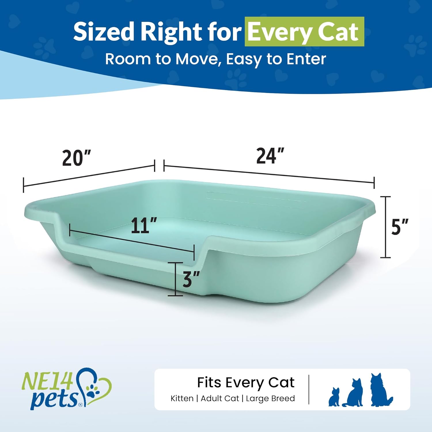 KittyGoHere Senior Cat Litter Box 1 Pack, Large Green Low Entrance Kitty Litter Box, Sized for Cats Comfort, Perfect for Senior and Arthritic Cats, Made in USA