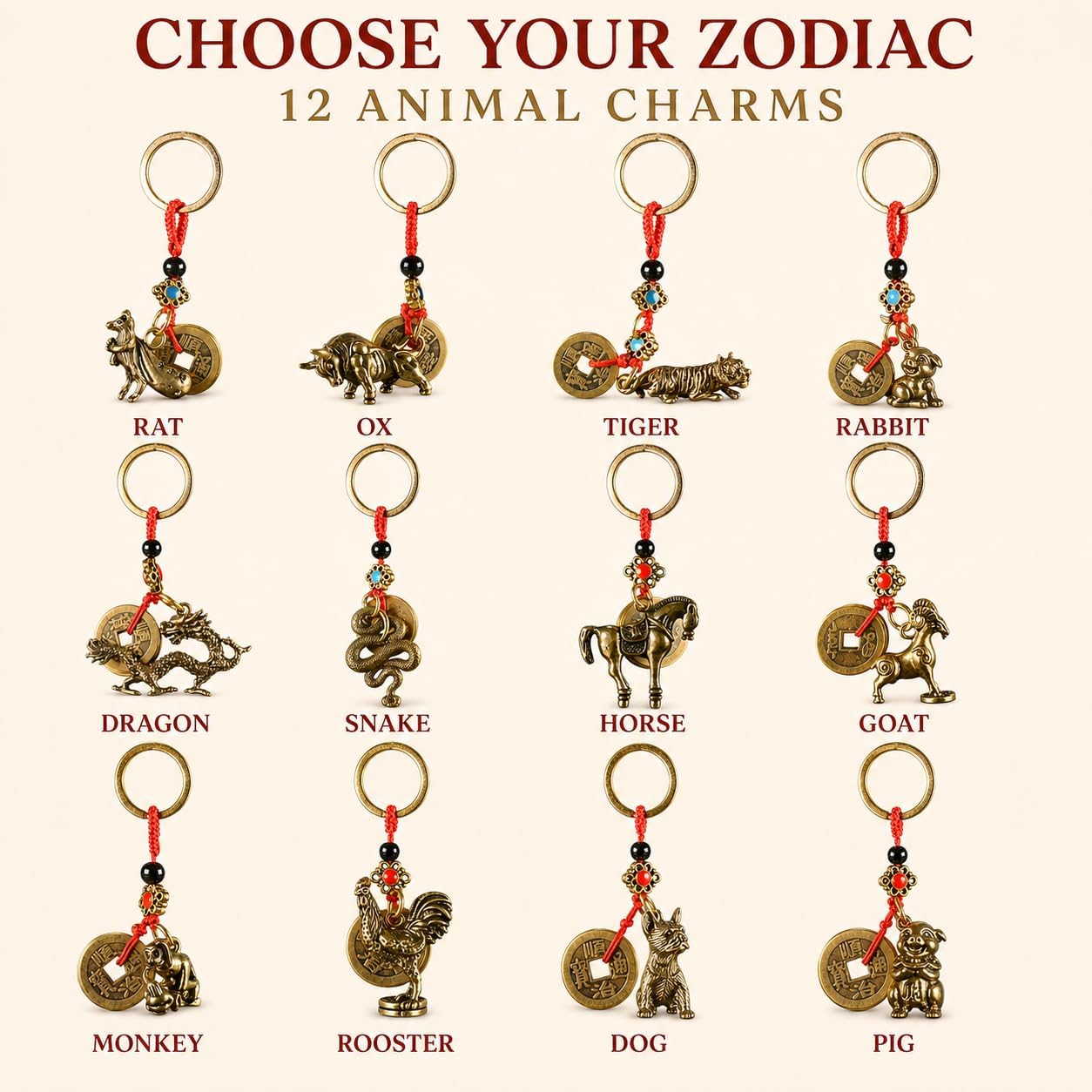 Chinese Zodiac Keychain, Red String Five Emperor Coins Animal Charm Lucky Feng Shui Key Ring New Year Gift image 5